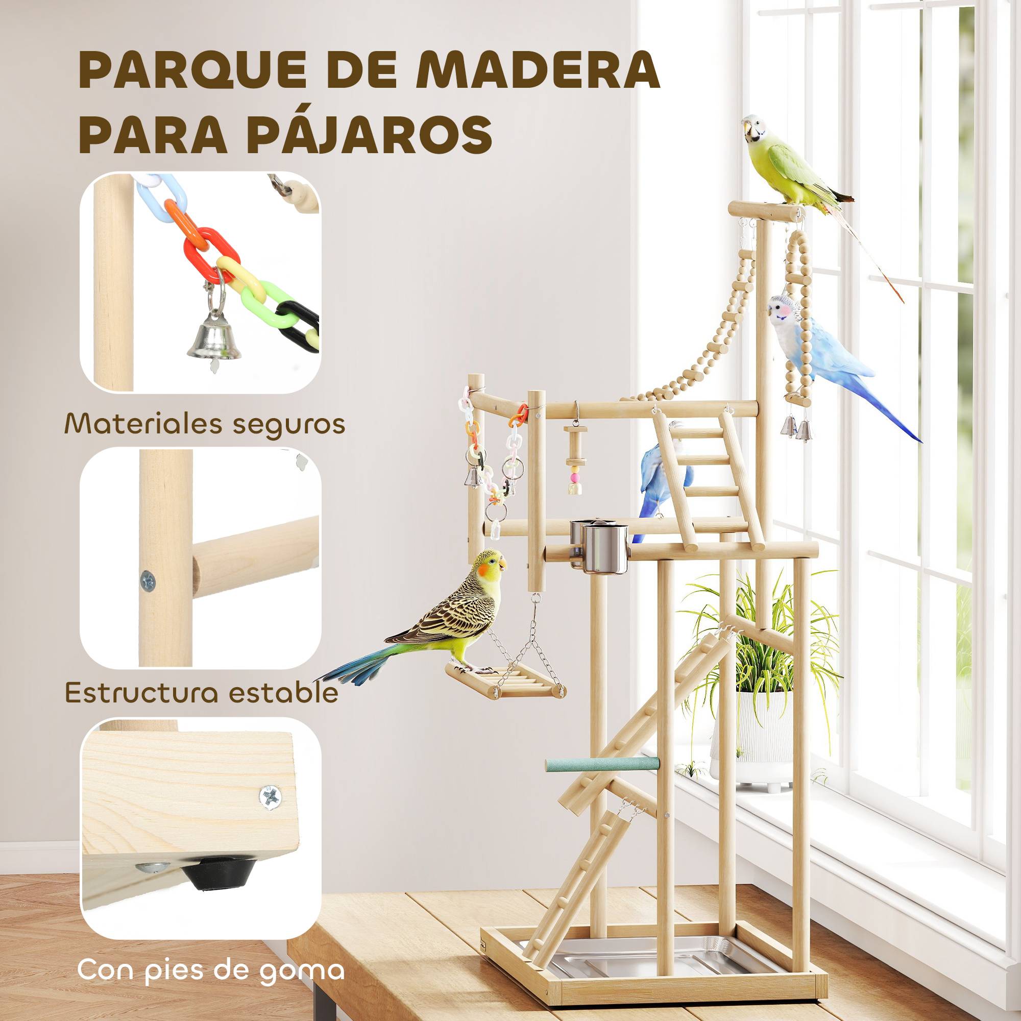Parc de jeux pour oiseaux, support en bois avec échelles, balançoire, chaîne, plateau et mangeoires - Image 6