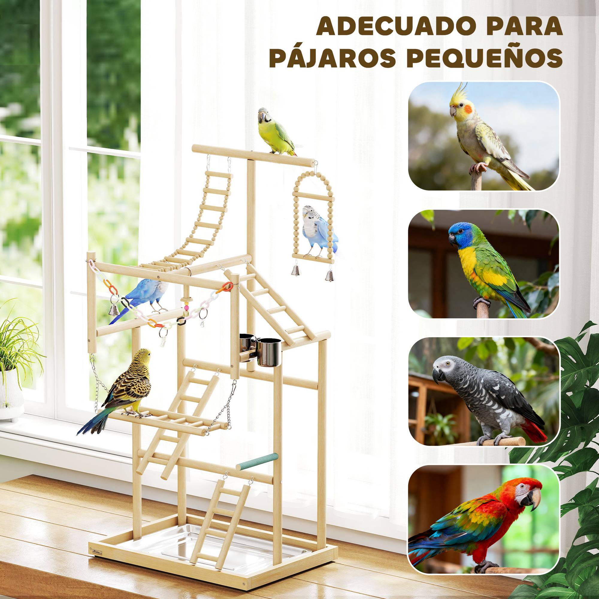 Parc de jeux pour oiseaux, support en bois avec échelles, balançoire, chaîne, plateau et mangeoires - Image 9