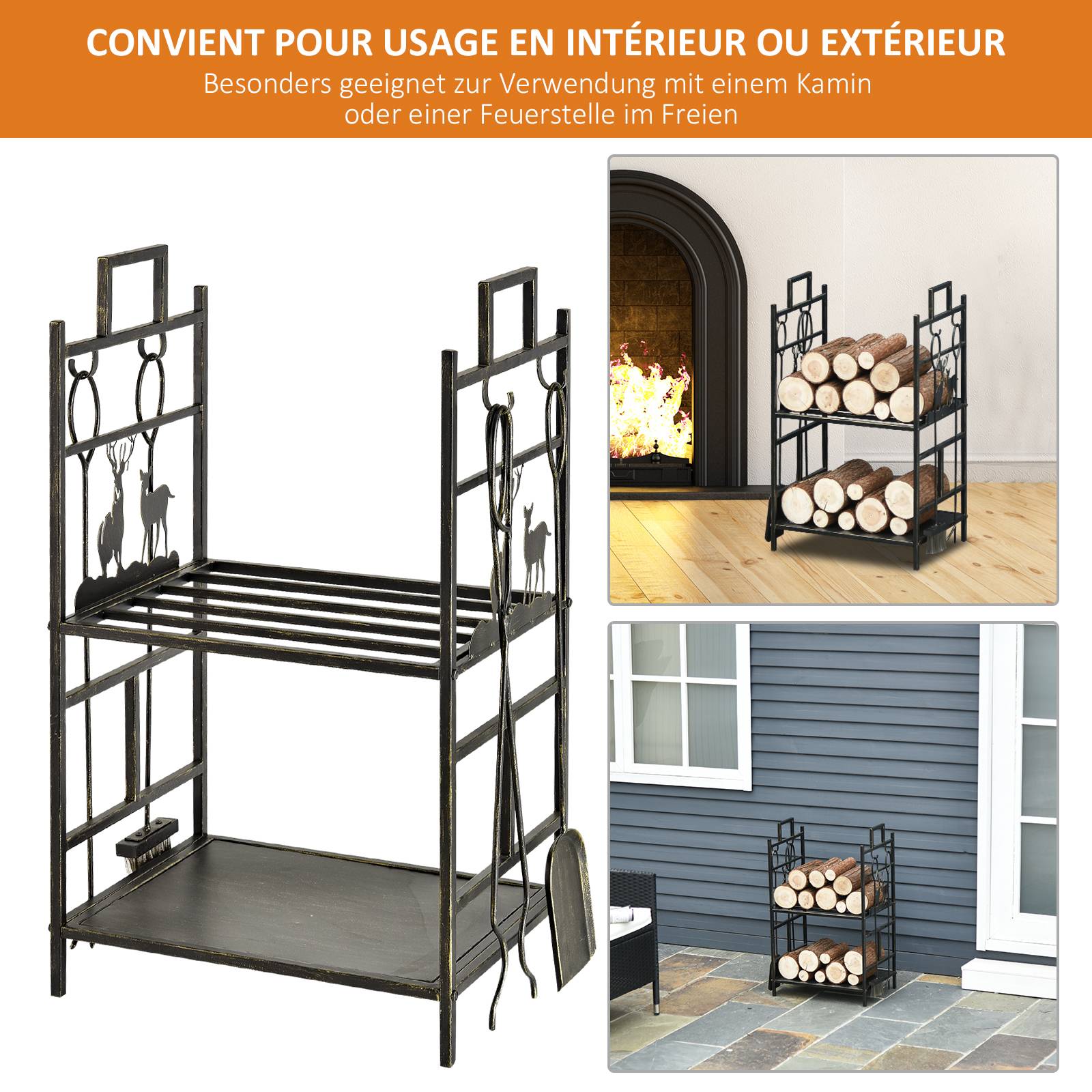 ComfortXL - Range-bûches serviteur cheminée métal intérieur 4 accessoires design cerf 77cm noir - ComfortXL Outdoor Living - Image 8