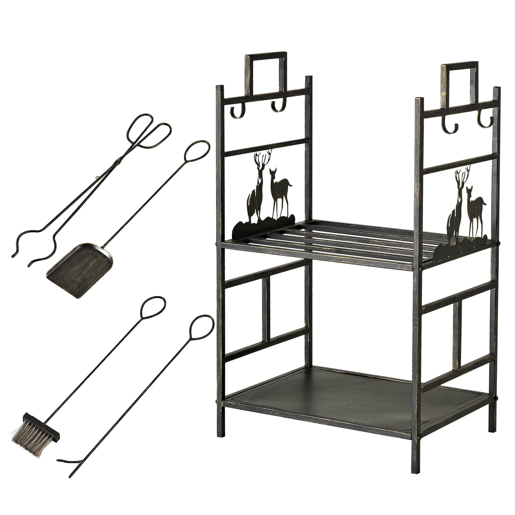 ComfortXL - Range-bûches serviteur cheminée métal intérieur 4 accessoires design cerf 77cm noir - ComfortXL Outdoor Living - Image 2
