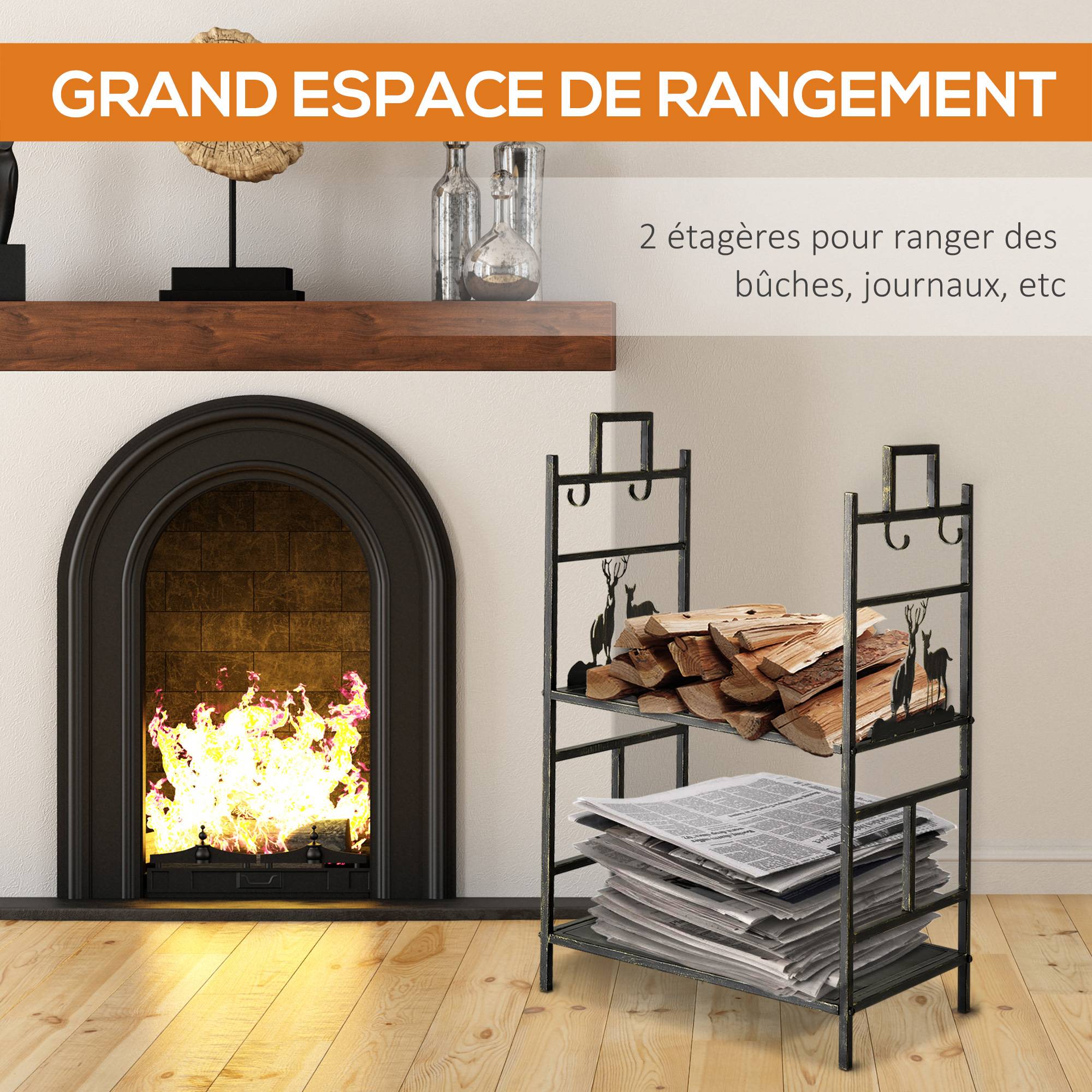 ComfortXL - Range-bûches serviteur cheminée métal intérieur 4 accessoires design cerf 77cm noir - ComfortXL Outdoor Living - Image 9