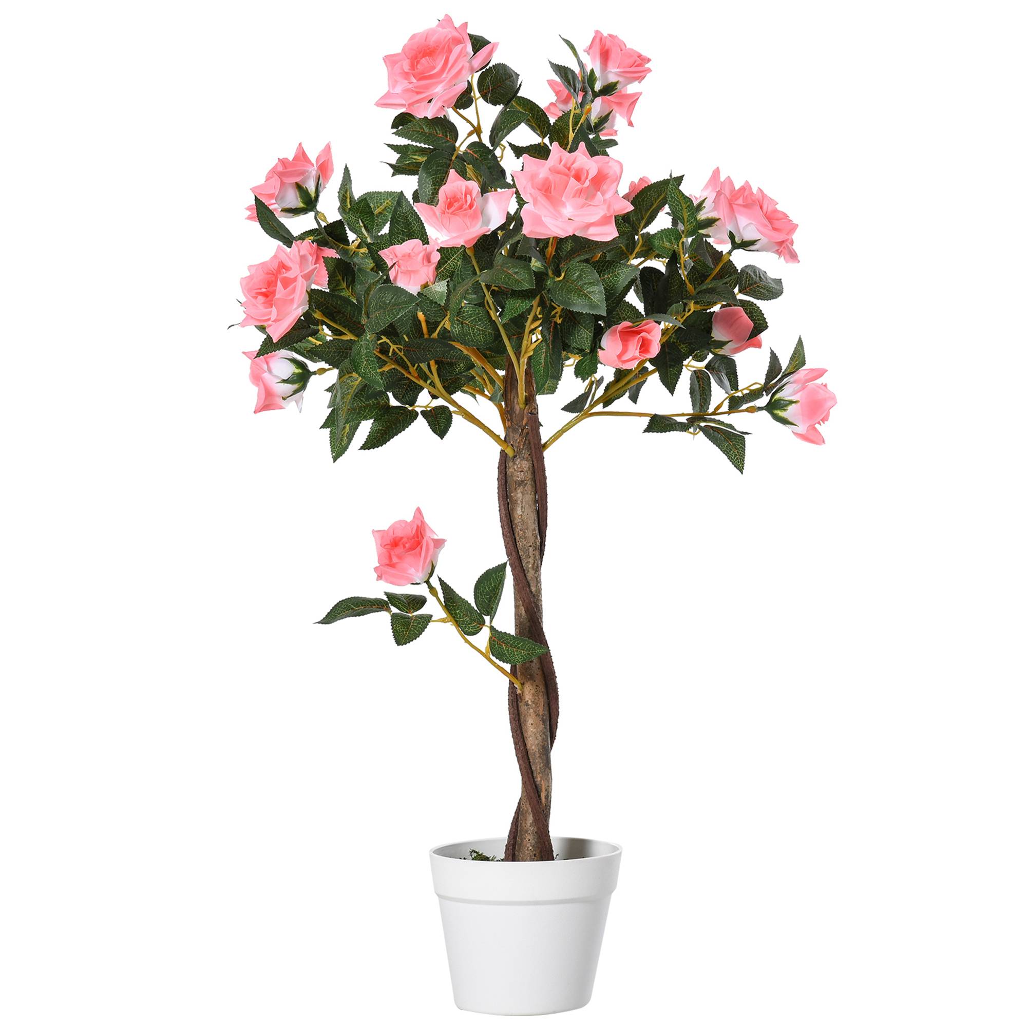 Sans Marque - Rosier artificiel 21 fleurs pot ciment mousse Ø18x90 cm rose - Image 1