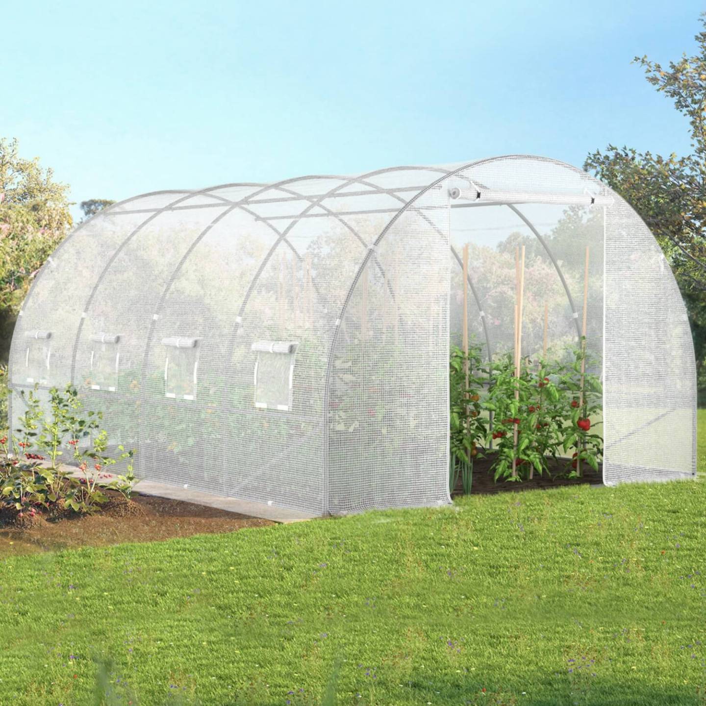 Serre de jardin tunnel 12m² 4 x 3 x 2 m acier galvanisé + bâche anti-UV avec porte et fenêtres ZEBRA blanche - Image 1