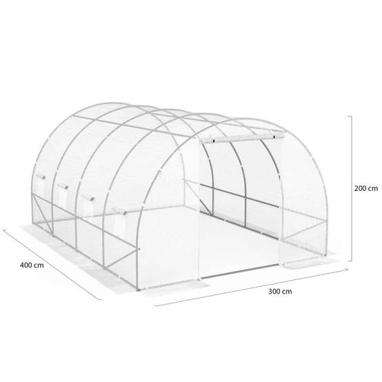 Serre de jardin tunnel 12m² 4 x 3 x 2 m acier galvanisé + bâche anti-UV avec porte et fenêtres ZEBRA blanche - Image 5