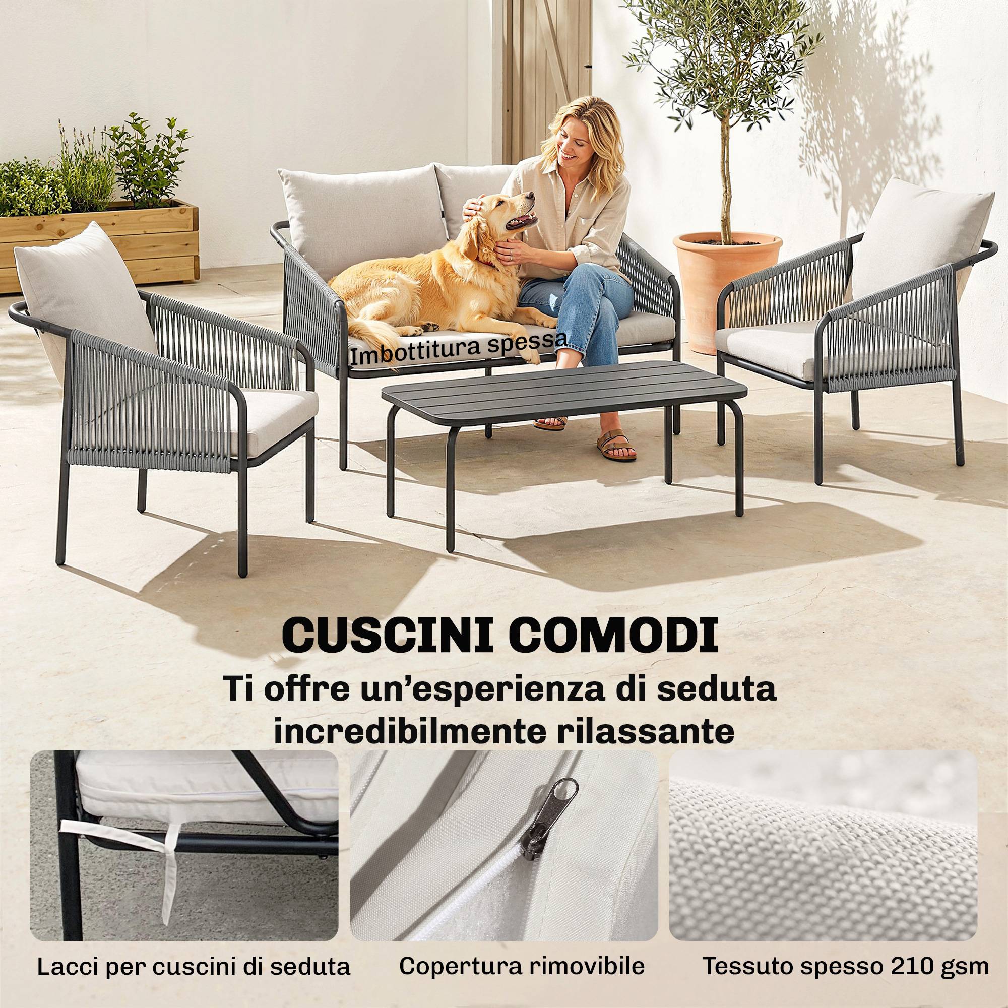 ComfortXL - Salon de Jardin 4 Pièces Résine Tressée Terrasse Extérieur Canapé Fauteuils 118x66x65cm Kaki - ComfortXL Outdoor Living - Image 7
