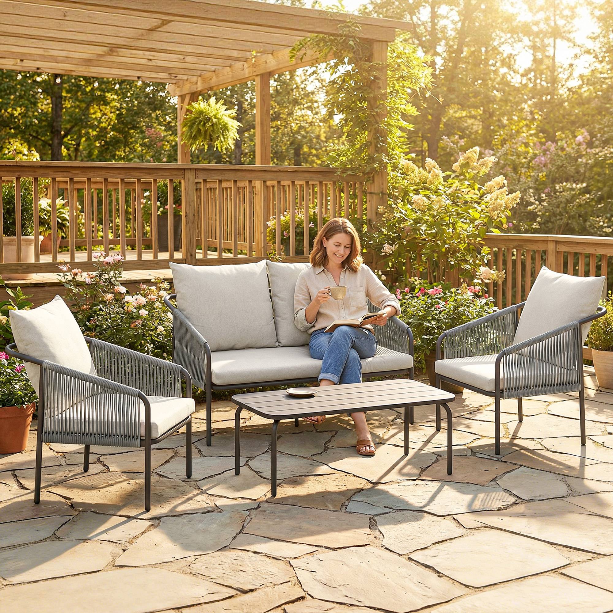 ComfortXL - Salon de Jardin 4 Pièces Résine Tressée Terrasse Extérieur Canapé Fauteuils 118x66x65cm Kaki - ComfortXL Outdoor Living - Image 3