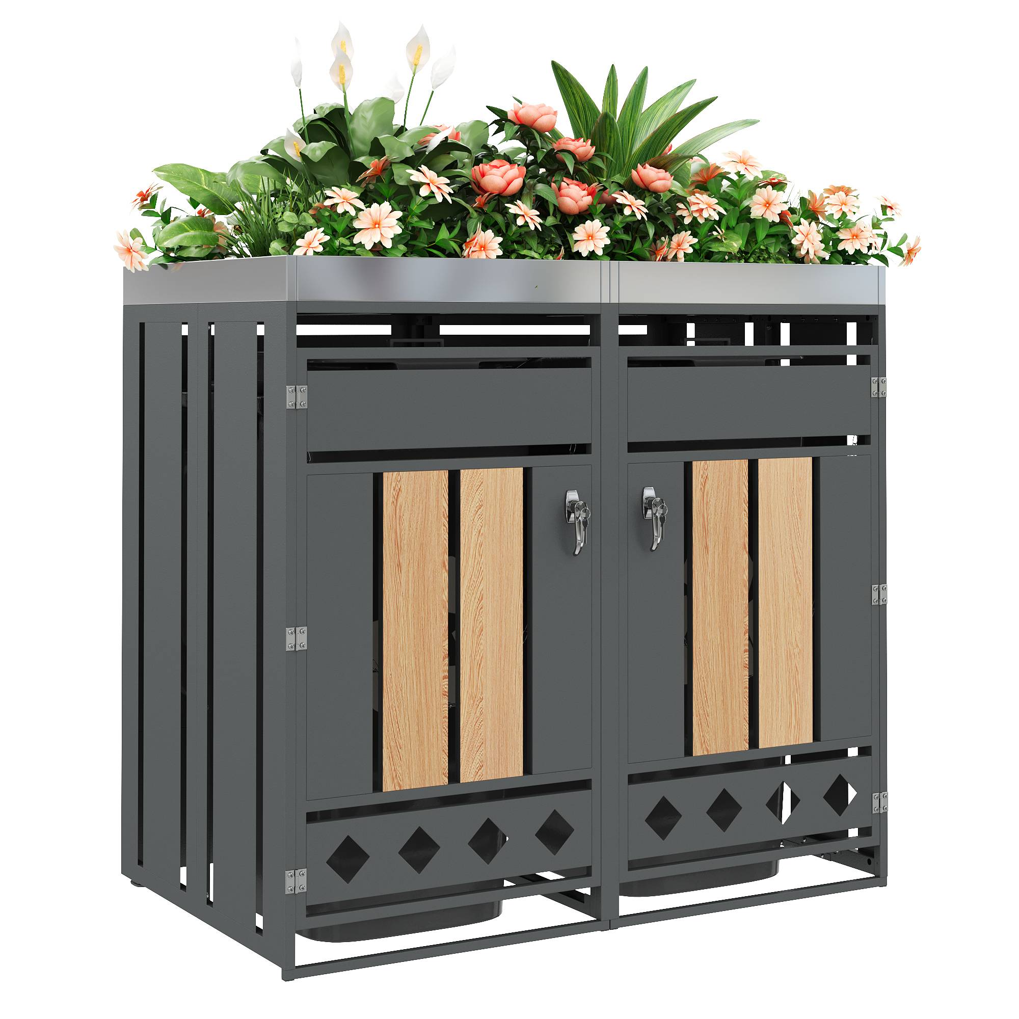 Mülltonnenbox avec bois imitation et compartiments séparés, 132 x 80 x 124,5 cm - PANGIVO - Image 1