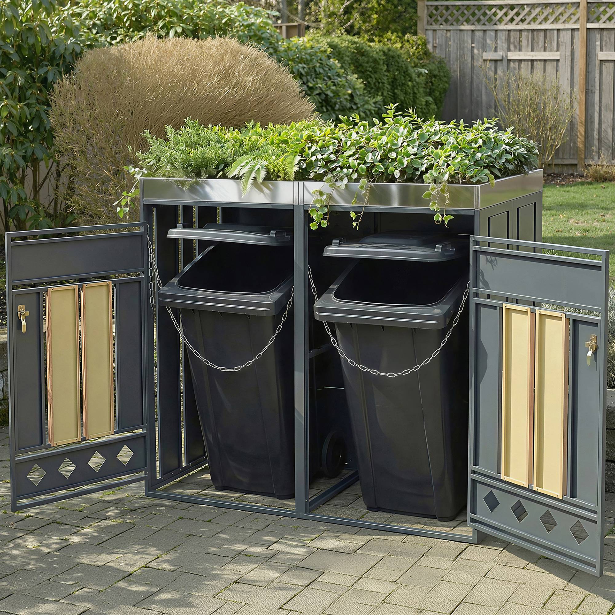 Mülltonnenbox avec bois imitation et compartiments séparés, 132 x 80 x 124,5 cm - PANGIVO - Image 10