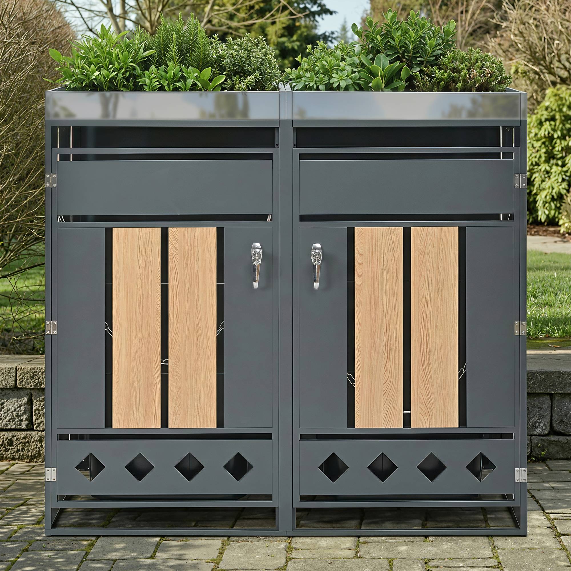 Mülltonnenbox avec bois imitation et compartiments séparés, 132 x 80 x 124,5 cm - PANGIVO - Image 8