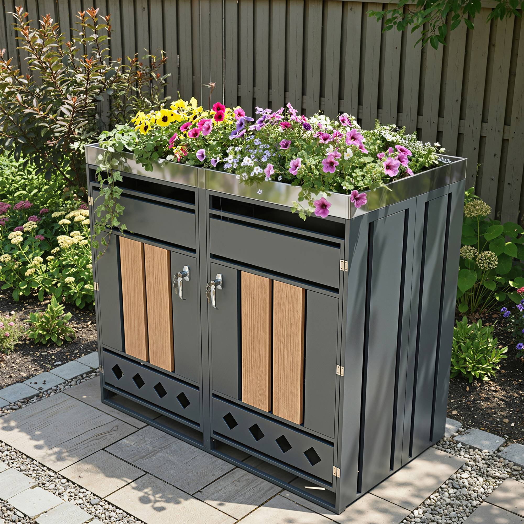 Mülltonnenbox avec bois imitation et compartiments séparés, 132 x 80 x 124,5 cm - PANGIVO - Image 6