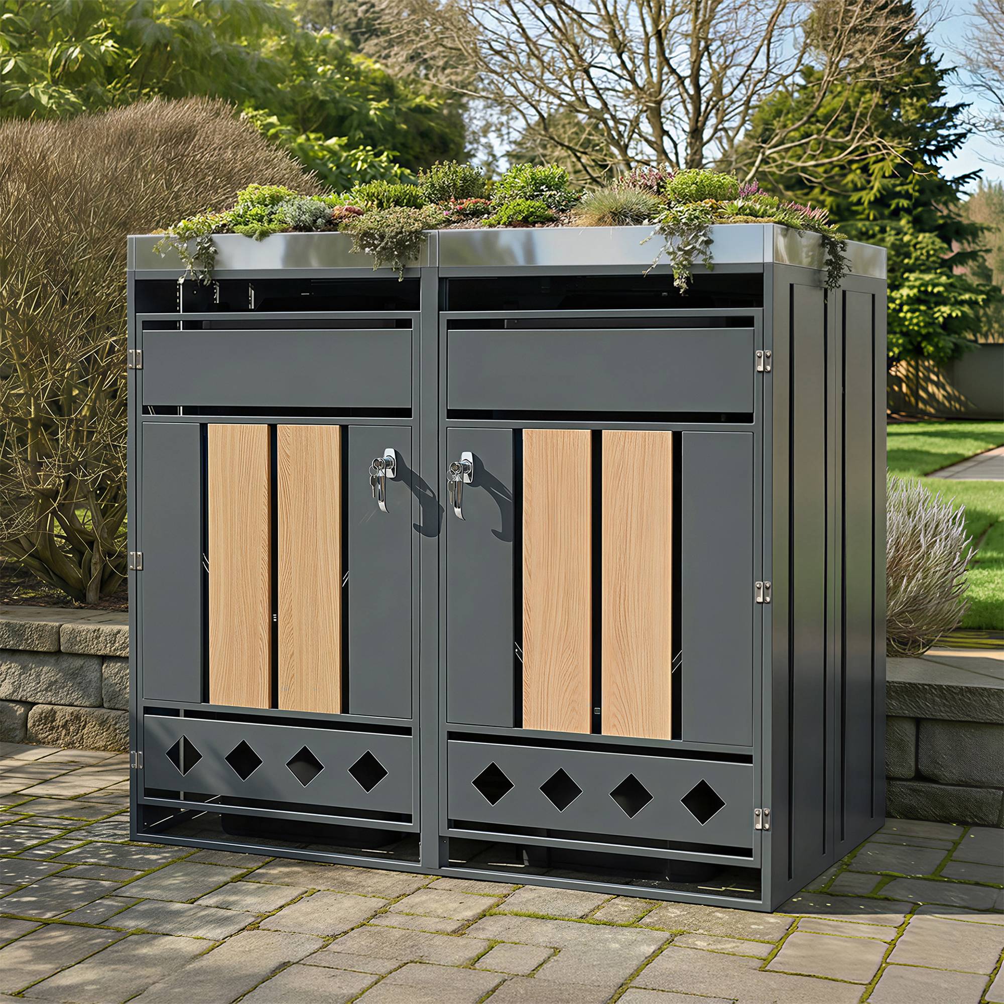 Mülltonnenbox avec bois imitation et compartiments séparés, 132 x 80 x 124,5 cm - PANGIVO - Image 9