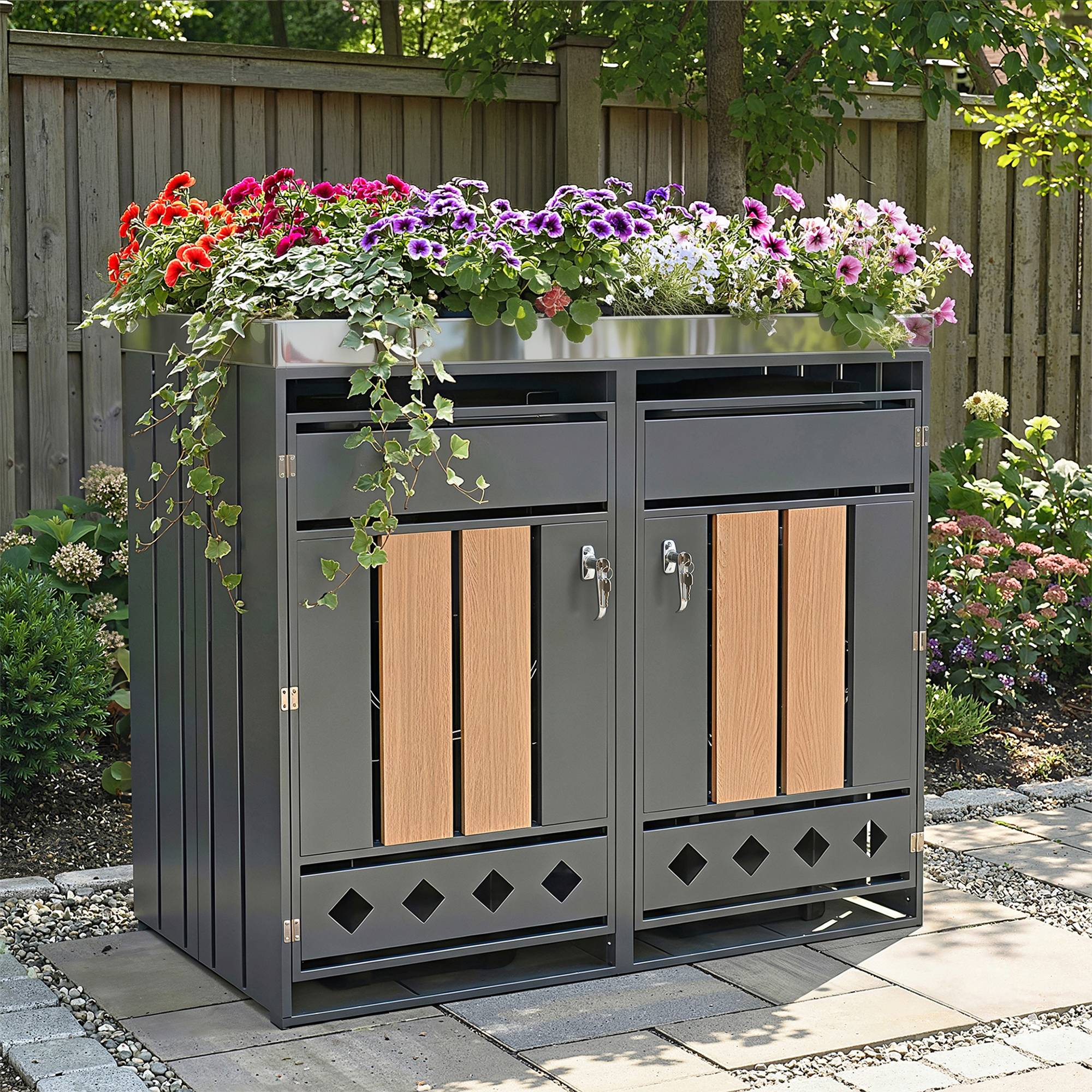 Mülltonnenbox avec bois imitation et compartiments séparés, 132 x 80 x 124,5 cm - PANGIVO - Image 3