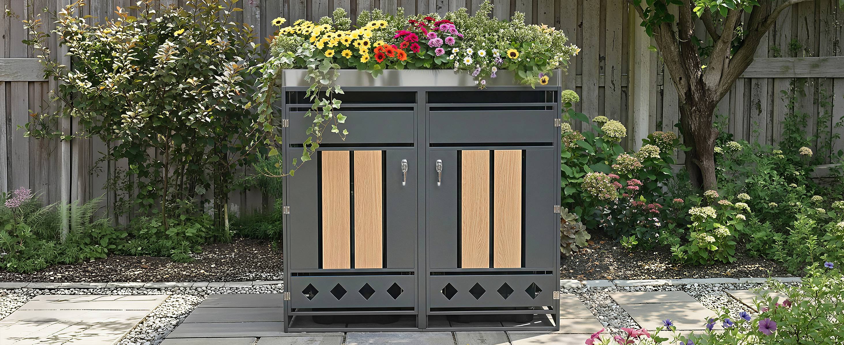 Mülltonnenbox avec bois imitation et compartiments séparés, 132 x 80 x 124,5 cm - PANGIVO - Image 7