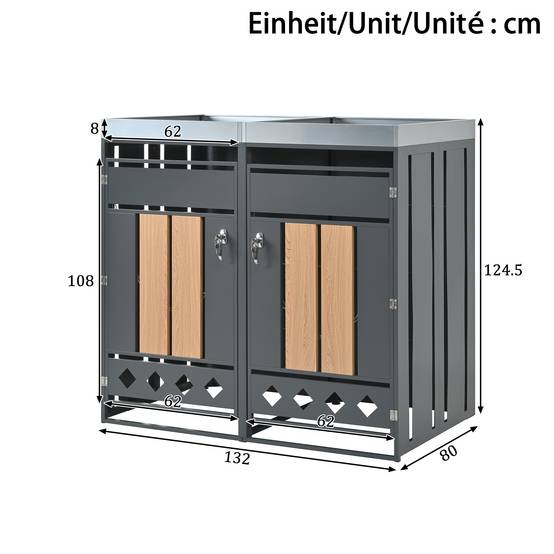 Mülltonnenbox avec bois imitation et compartiments séparés, 132 x 80 x 124,5 cm - PANGIVO - Image 4