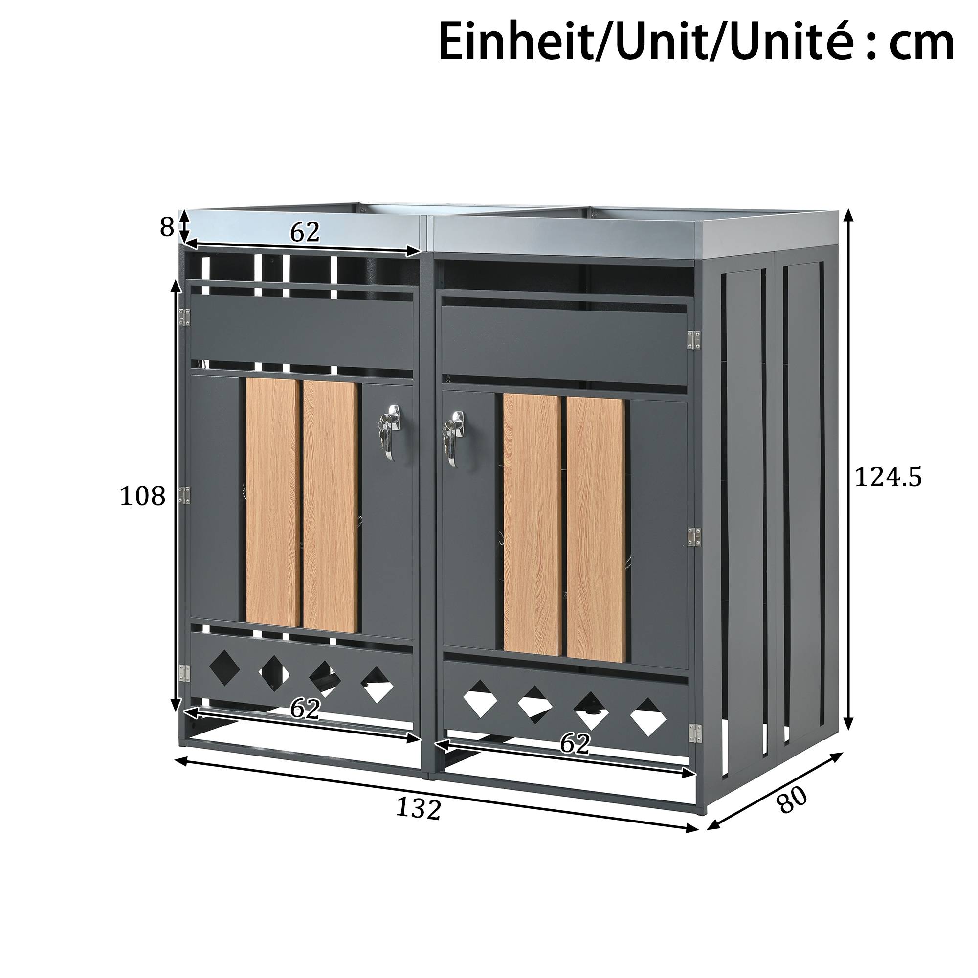 Mülltonnenbox avec bois imitation et compartiments séparés, 132 x 80 x 124,5 cm - PANGIVO - Image 4