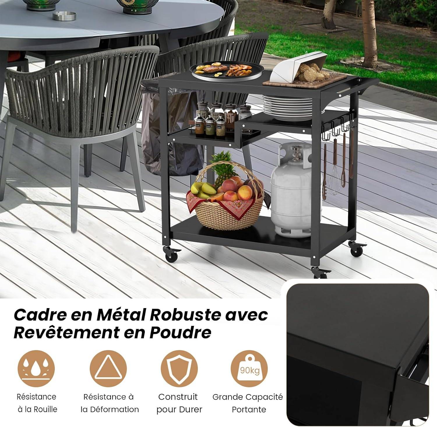 Chariot de Barbecue d'Extérieur à 3 Étagères, Desserte de Jardin avec 4 Roues Verrouillables Crochets et Poignée Latérale - Image 6