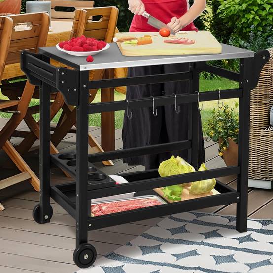 Chariot de Barbecue d'Extérieur à 3 Étagères, Desserte de Jardin avec 4 Roues Verrouillables Crochets et Poignée Latérale - Image 7
