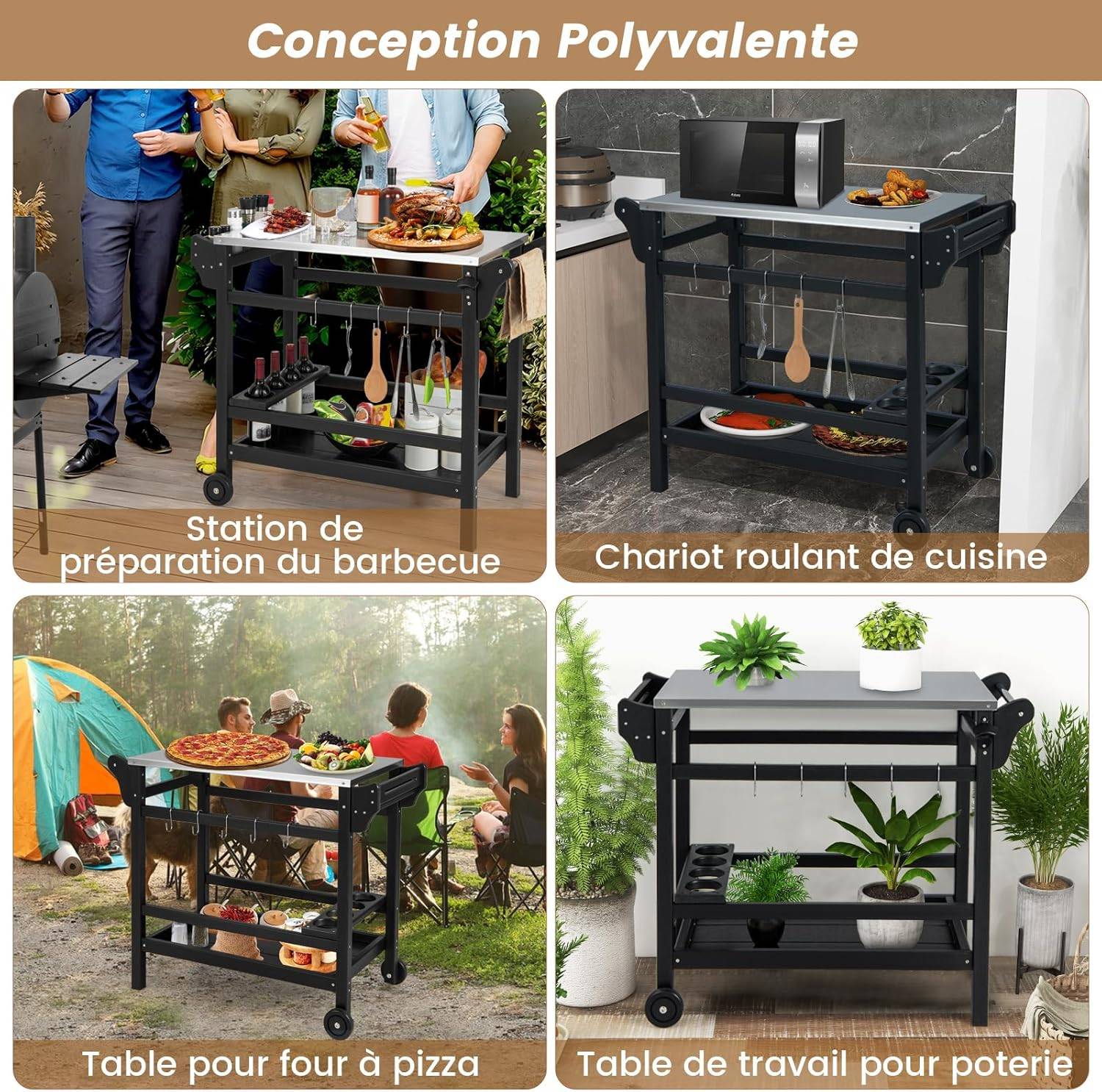 Chariot de Barbecue d'Extérieur à 3 Étagères, Desserte de Jardin avec 4 Roues Verrouillables Crochets et Poignée Latérale - Image 9