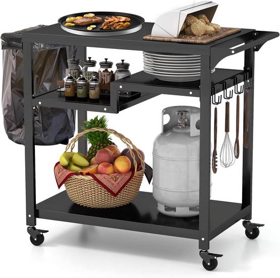 Chariot de Barbecue d'Extérieur à 3 Étagères, Desserte de Jardin avec 4 Roues Verrouillables Crochets et Poignée Latérale - Image 1