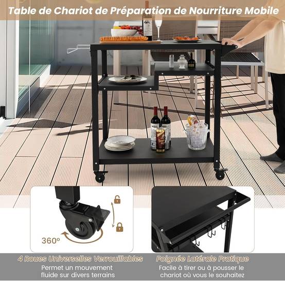 Chariot de Barbecue d'Extérieur à 3 Étagères, Desserte de Jardin avec 4 Roues Verrouillables Crochets et Poignée Latérale - Image 4