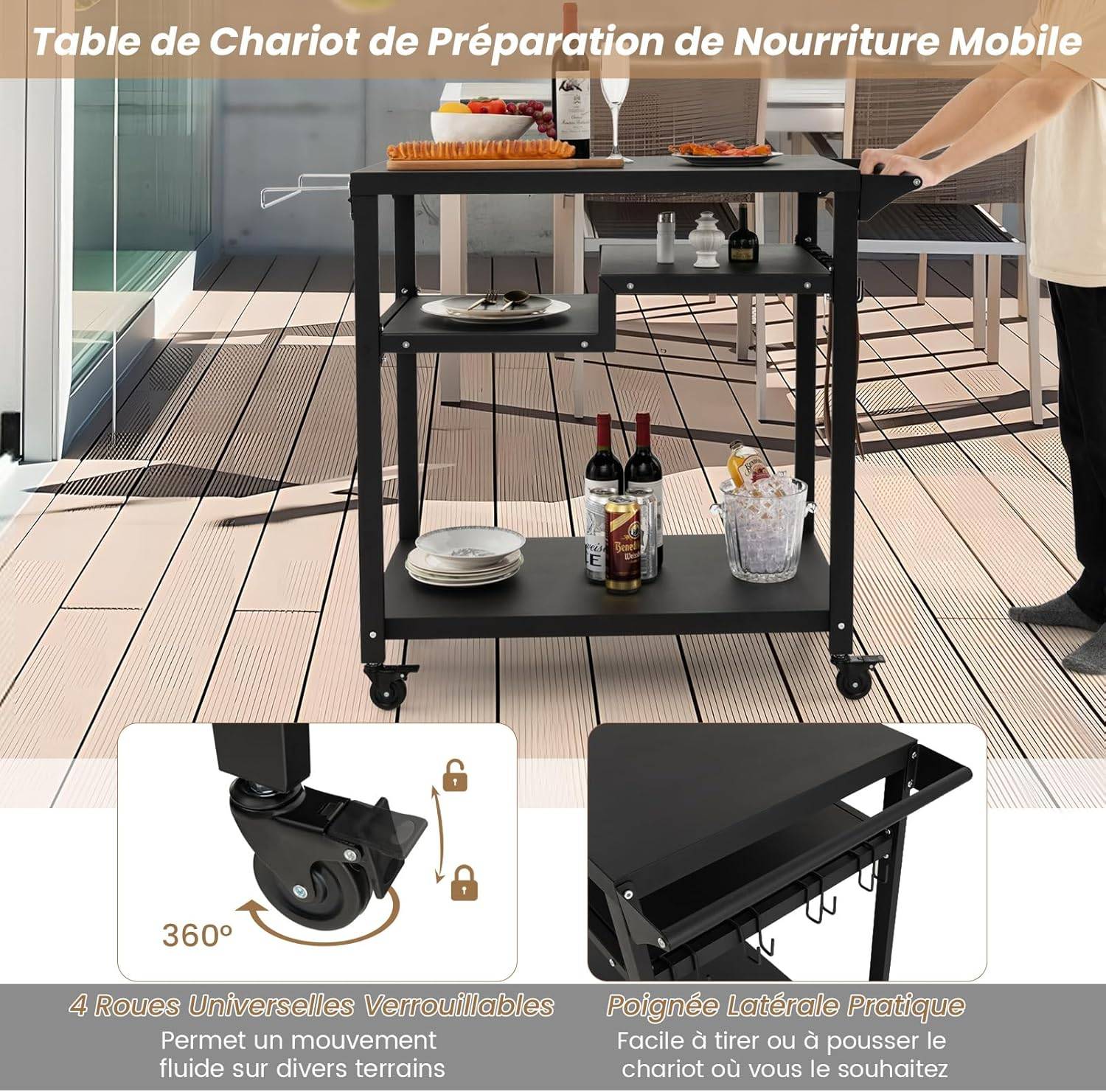 Chariot de Barbecue d'Extérieur à 3 Étagères, Desserte de Jardin avec 4 Roues Verrouillables Crochets et Poignée Latérale - Image 4