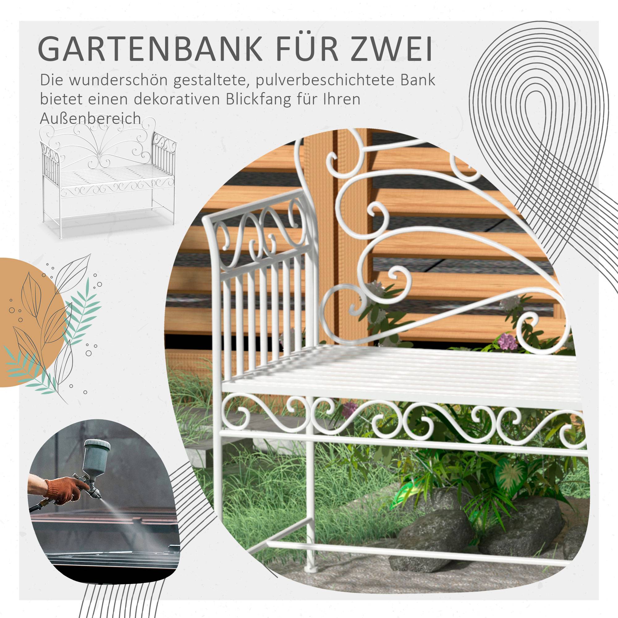 Banc de jardin robuste 2 places, banc de parc antirouille, mobilier de jardin, 111 x 50 x 98 cm, blanc - Image 6