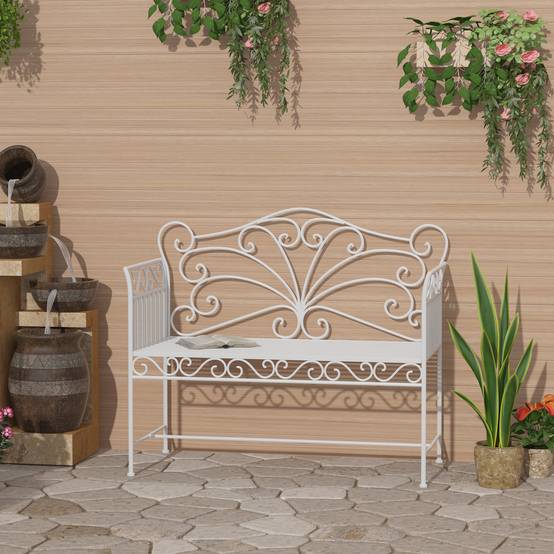Banc de jardin robuste 2 places, banc de parc antirouille, mobilier de jardin, 111 x 50 x 98 cm, blanc - Image 3