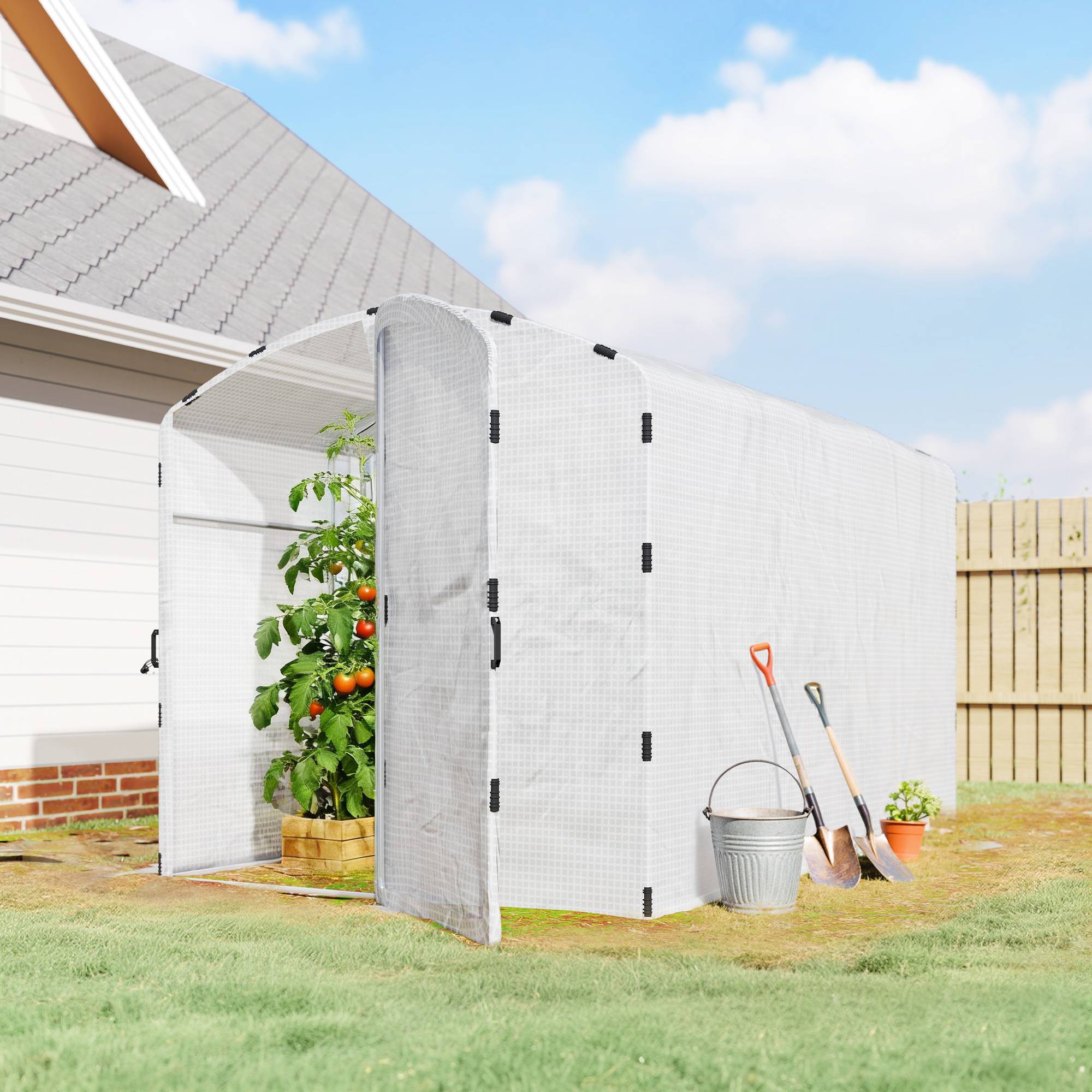 Sans Marque - Serre tunnel de jardin 6m², serre de jardin tunnel 300x200x195cm bâche PE 220g/m² bords prolongés 50 cm avec porte blanc - Image 3