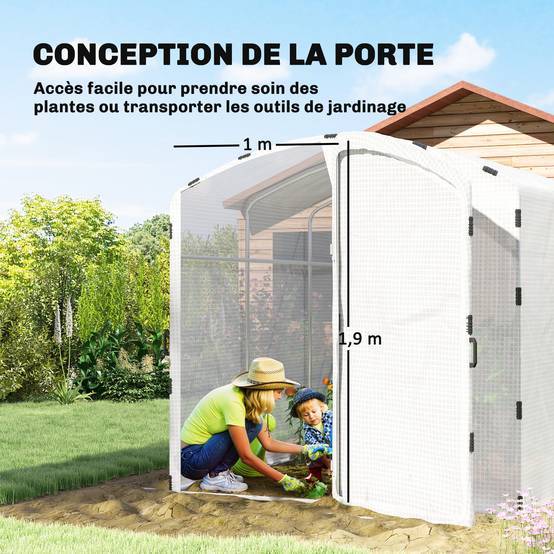 Sans Marque - Serre tunnel de jardin 6m², serre de jardin tunnel 300x200x195cm bâche PE 220g/m² bords prolongés 50 cm avec porte blanc - Image 7