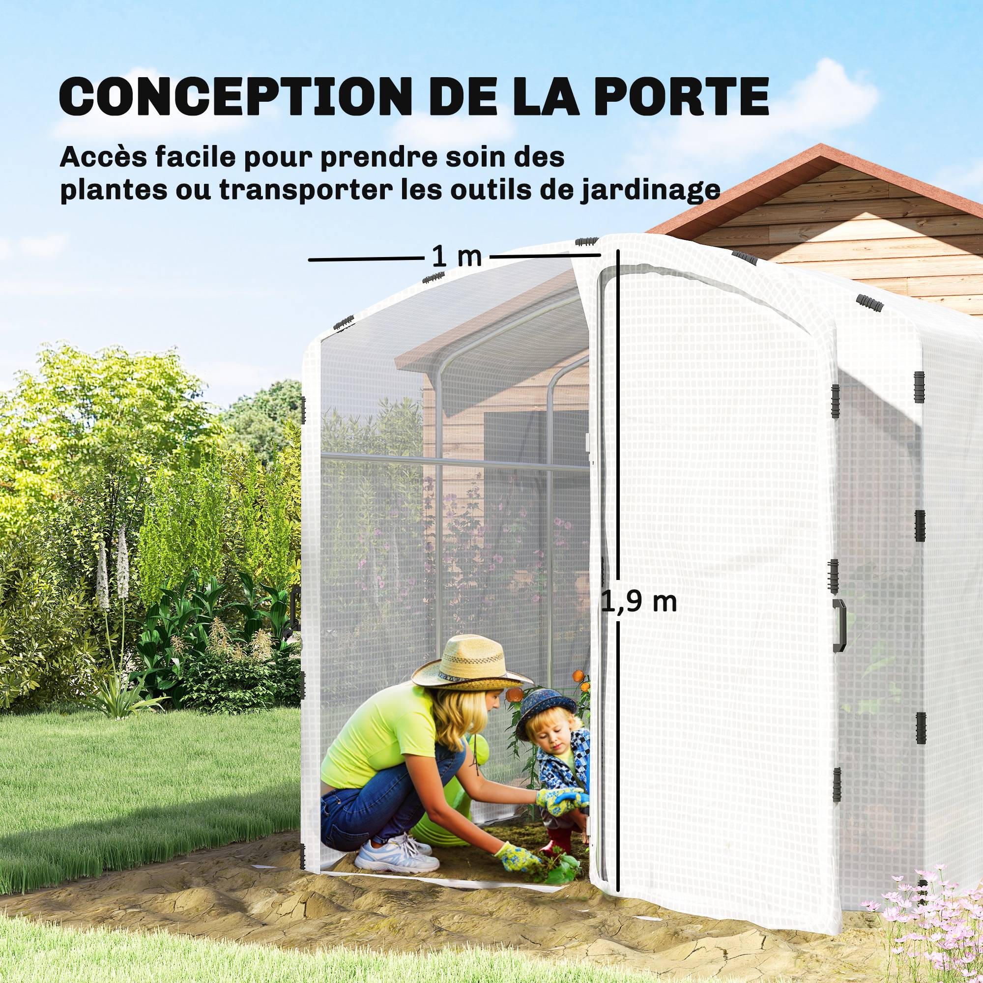 Sans Marque - Serre tunnel de jardin 6m², serre de jardin tunnel 300x200x195cm bâche PE 220g/m² bords prolongés 50 cm avec porte blanc - Image 7