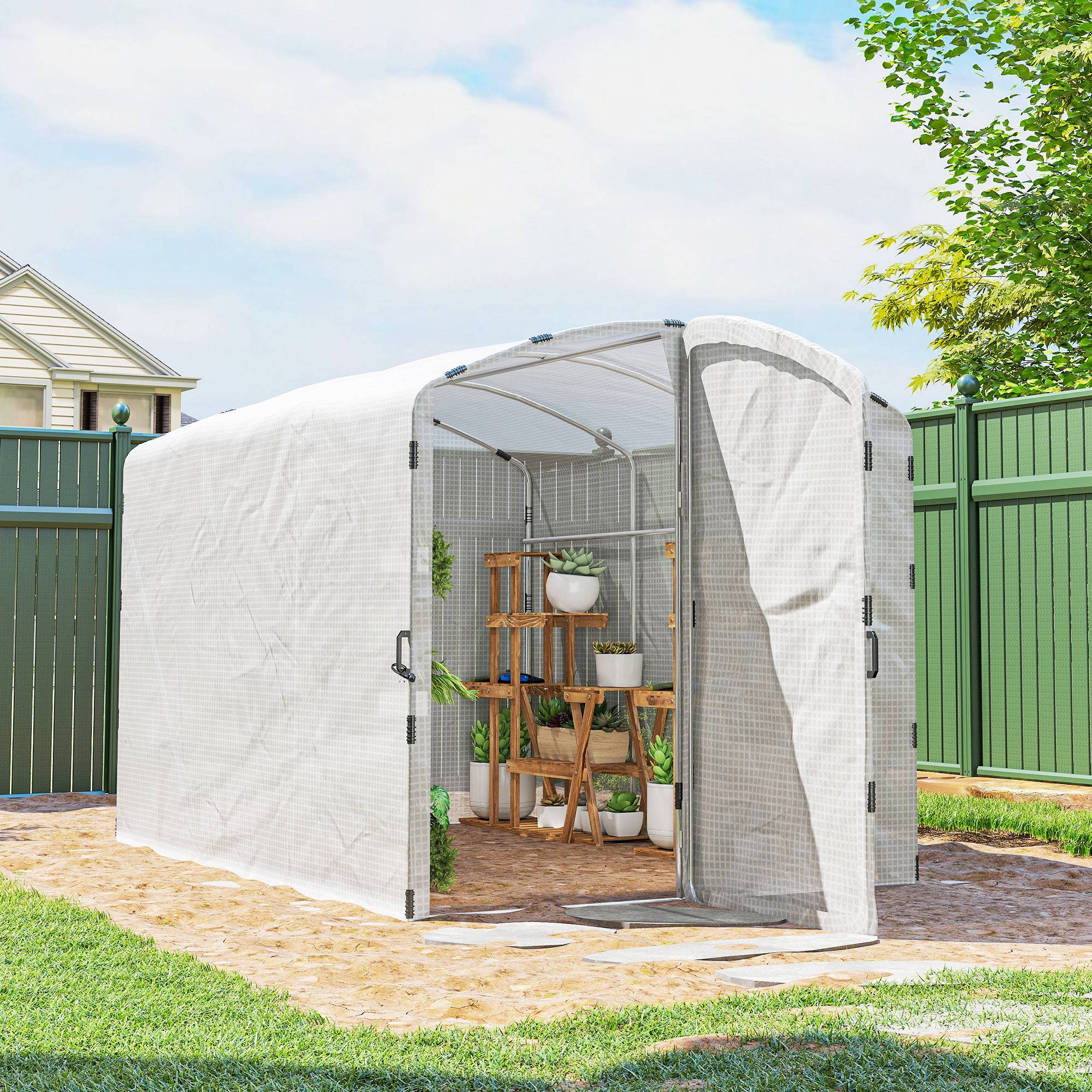 Sans Marque - Serre tunnel de jardin 6m², serre de jardin tunnel 300x200x195cm bâche PE 220g/m² bords prolongés 50 cm avec porte blanc - Image 4