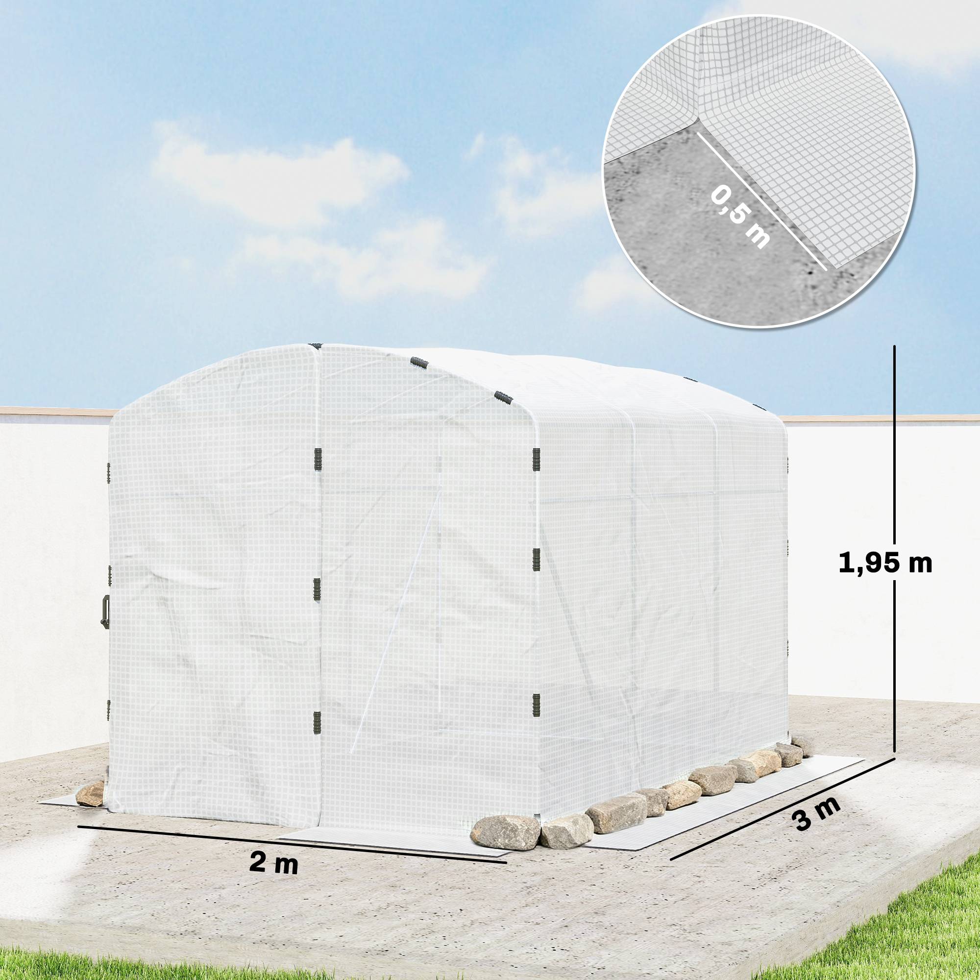 Sans Marque - Serre tunnel de jardin 6m², serre de jardin tunnel 300x200x195cm bâche PE 220g/m² bords prolongés 50 cm avec porte blanc - Image 5