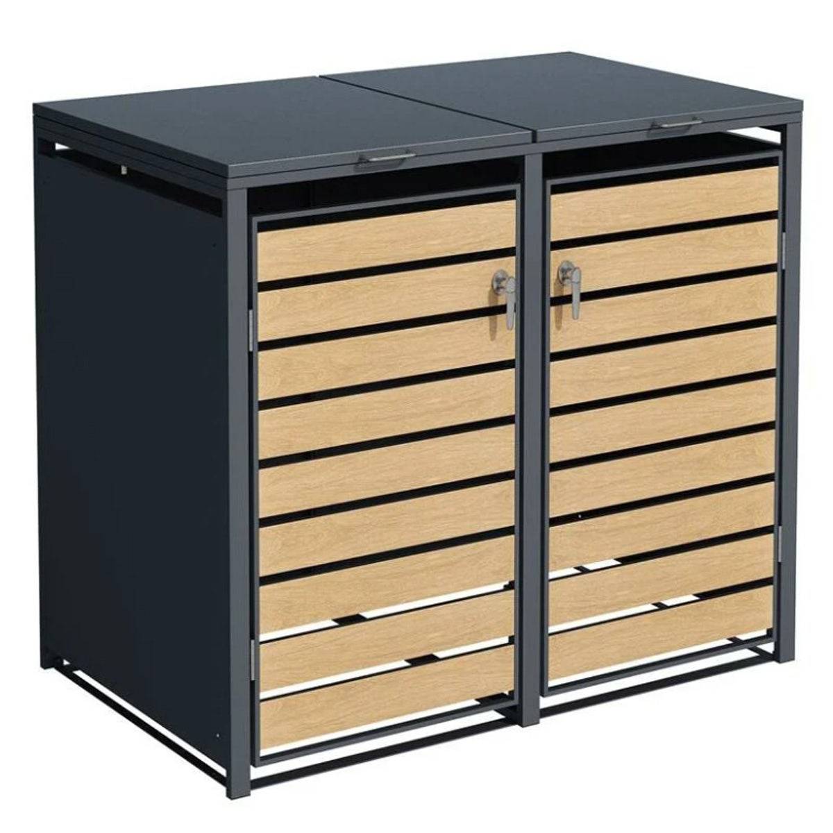Abri cache poubelle double - 2x 240L - anthracite/imitation bois en acier - Image 1