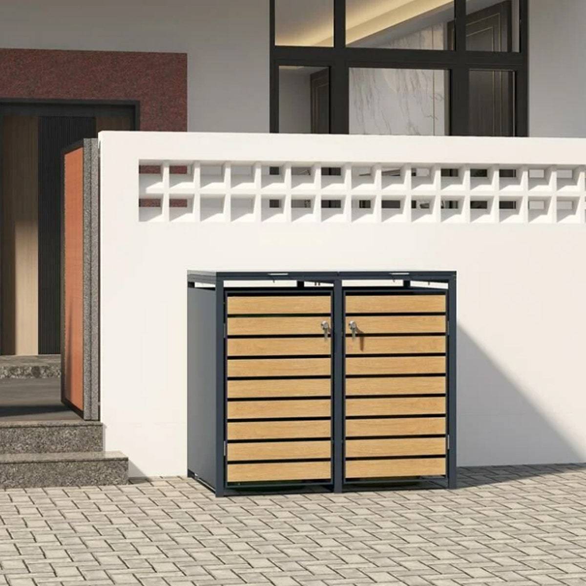 Abri cache poubelle double - 2x 240L - anthracite/imitation bois en acier - Image 2