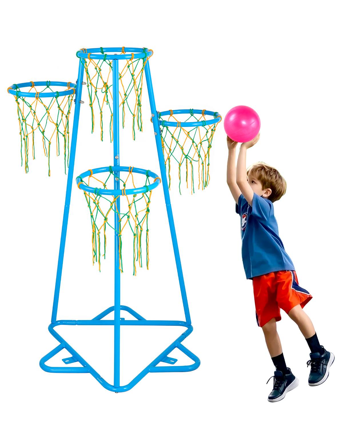 Vevor - VEVOR Panier de basket enfant portable 4 paniers, 4 hauteurs réglables, acier galvanisé, base triangulaire, ballons et pompe inclus - Image 1