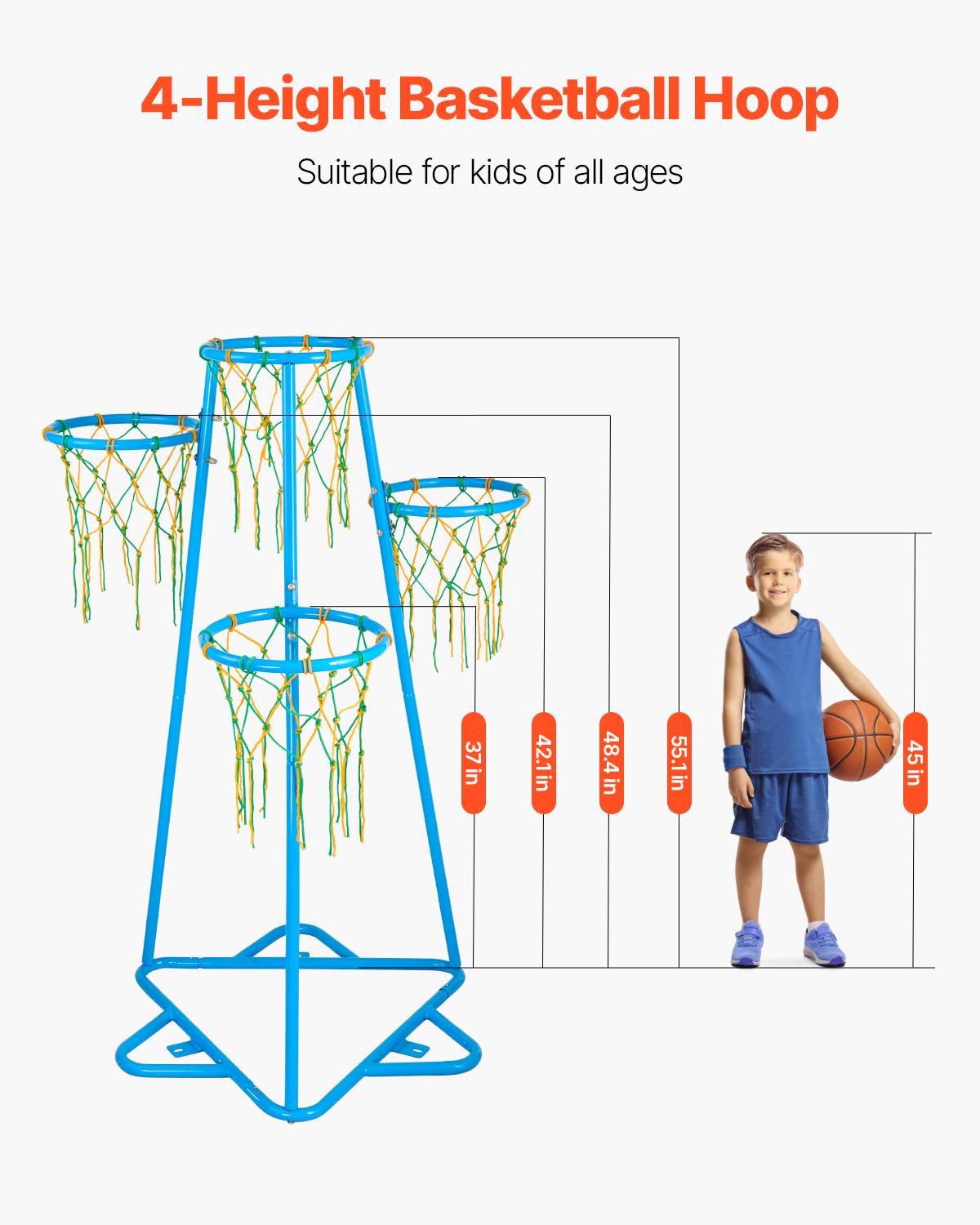 Vevor - VEVOR Panier de basket enfant portable 4 paniers, 4 hauteurs réglables, acier galvanisé, base triangulaire, ballons et pompe inclus - Image 2
