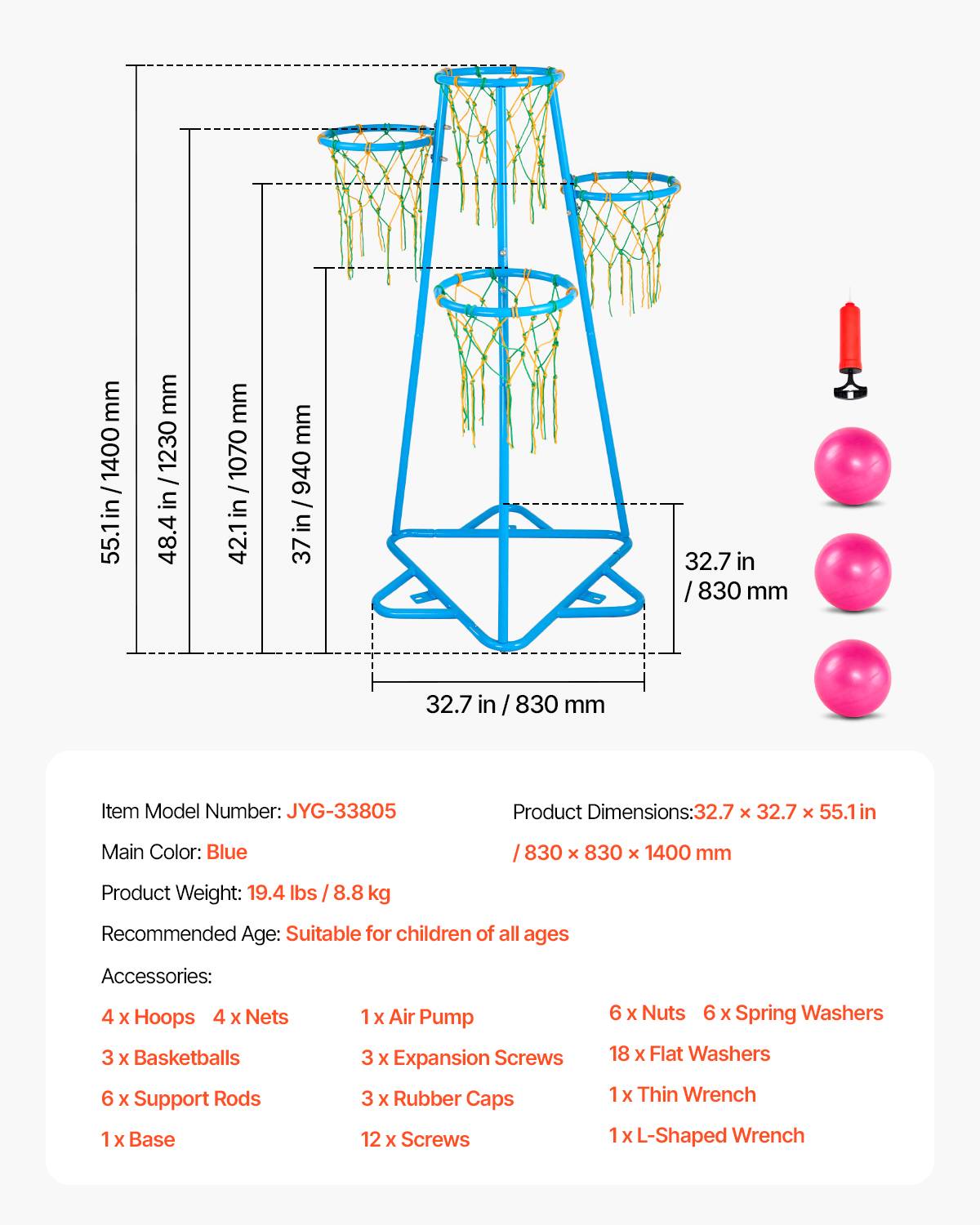Vevor - VEVOR Panier de basket enfant portable 4 paniers, 4 hauteurs réglables, acier galvanisé, base triangulaire, ballons et pompe inclus - Image 6