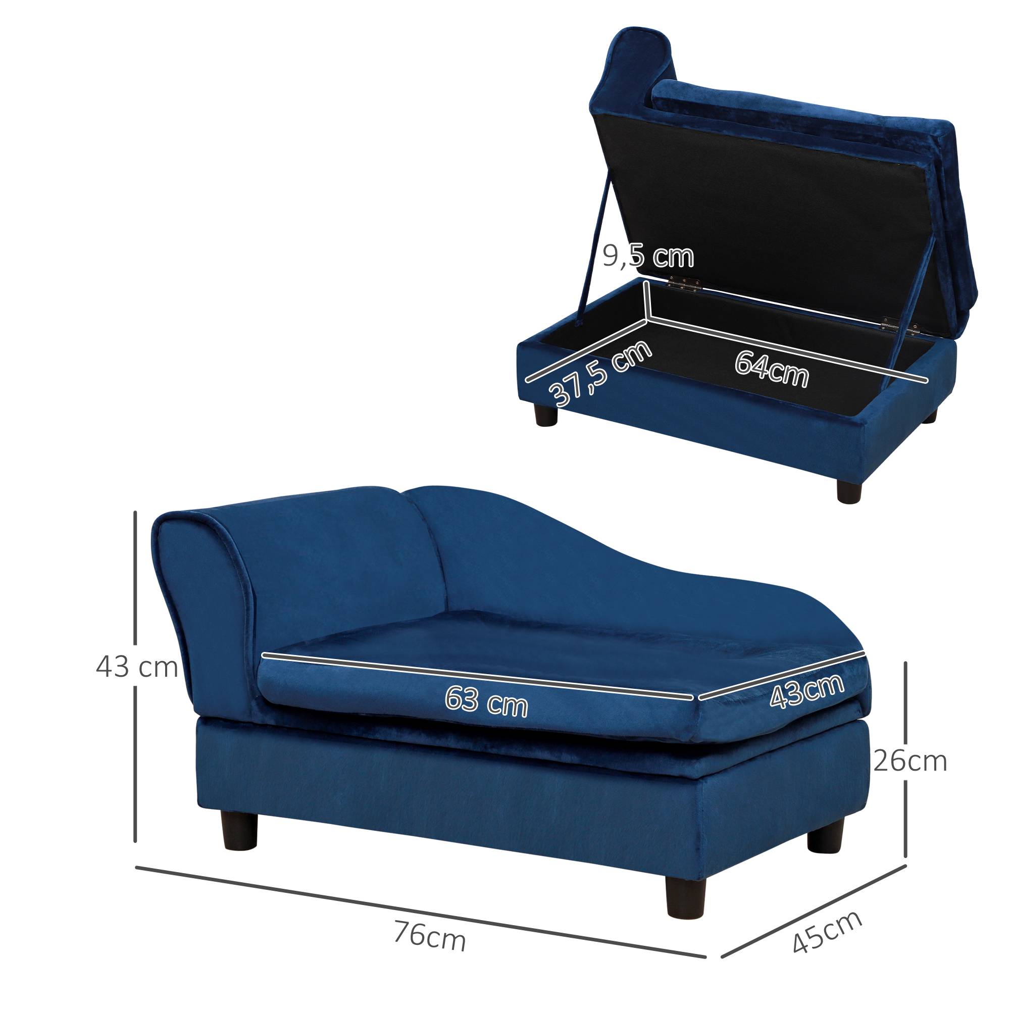 Sans Marque - Canapé pour animaux avec rangement, coussin moelleux, supporte jusqu'à 15 kg, revêtement peluche, structure en bois massif, bleu - Image 5