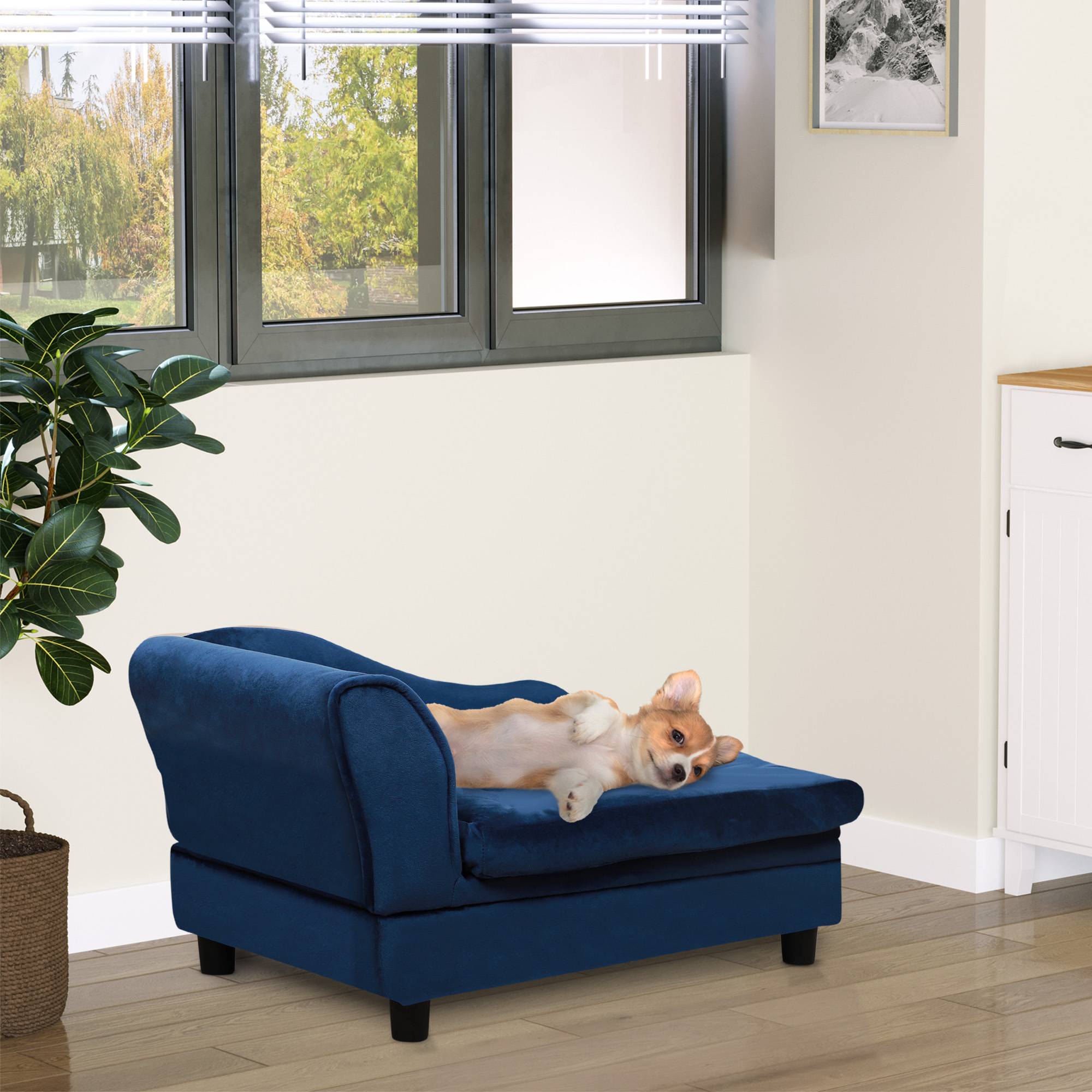 Sans Marque - Canapé pour animaux avec rangement, coussin moelleux, supporte jusqu'à 15 kg, revêtement peluche, structure en bois massif, bleu - Image 4