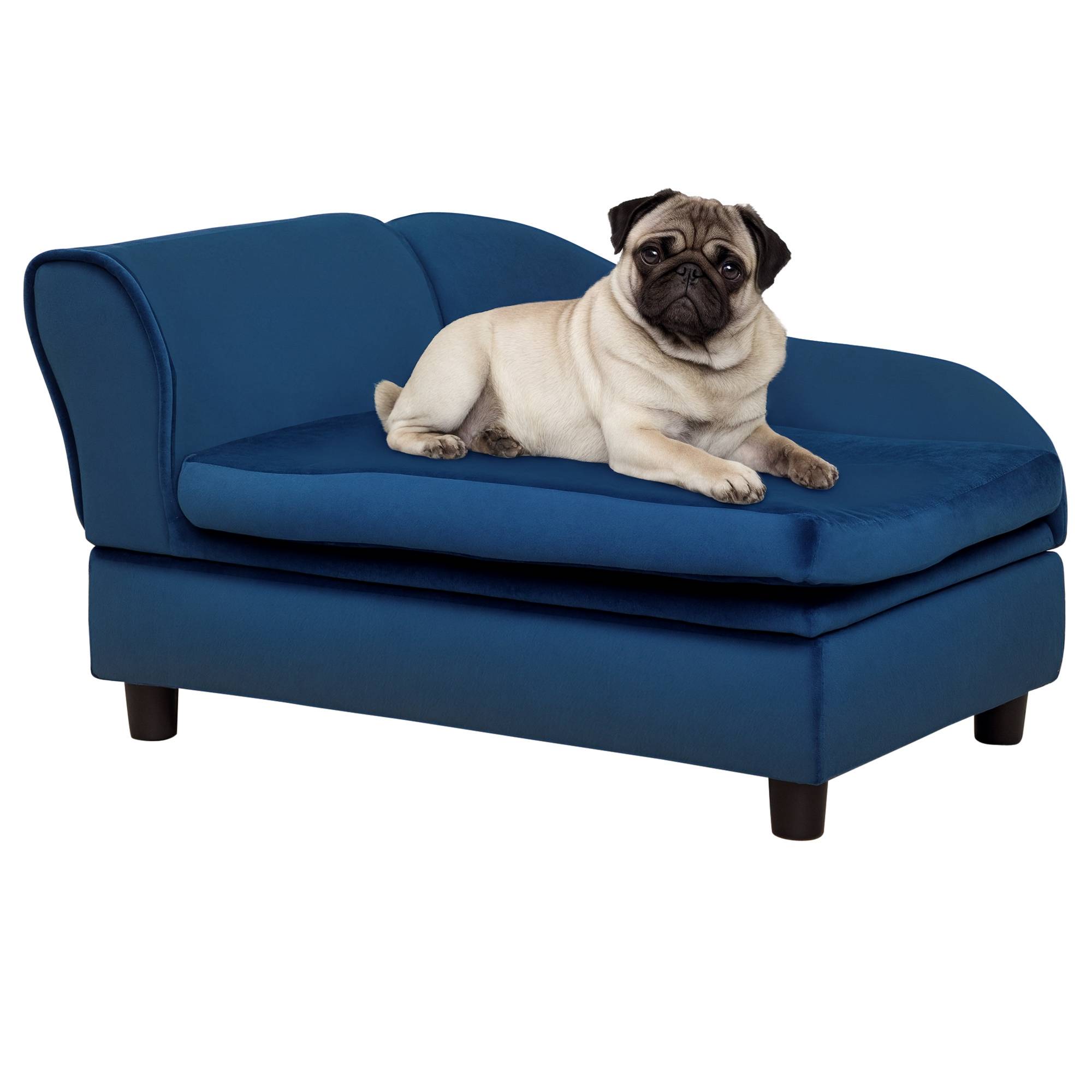 Sans Marque - Canapé pour animaux avec rangement, coussin moelleux, supporte jusqu'à 15 kg, revêtement peluche, structure en bois massif, bleu - Image 1