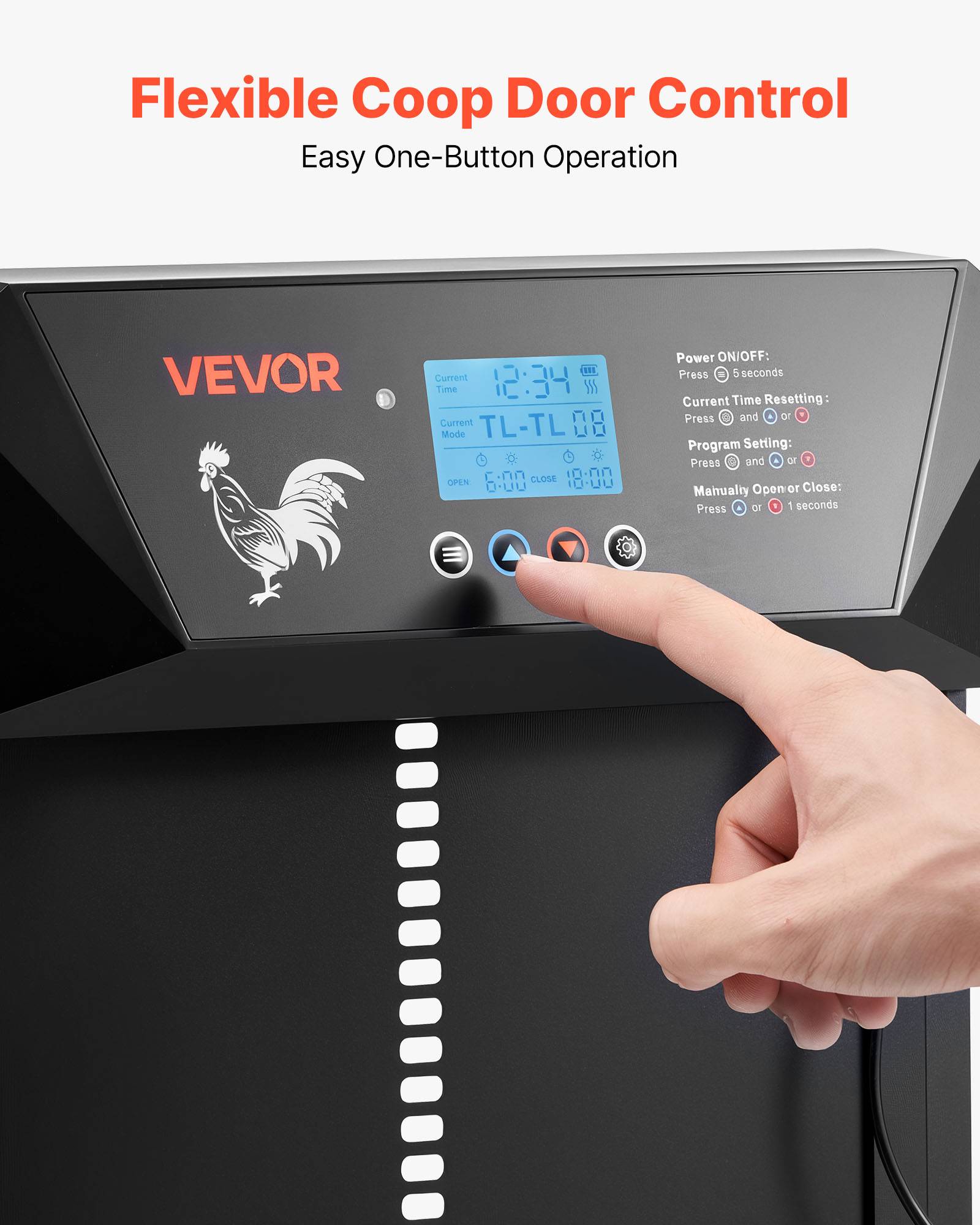 Vevor - VEVOR Porte poulailler automatique, LCD, piles et adaptateur CC, capteur de lumière, minuterie, manuel, anti-pincement, alliage d’aluminium et ABS. - Image 3
