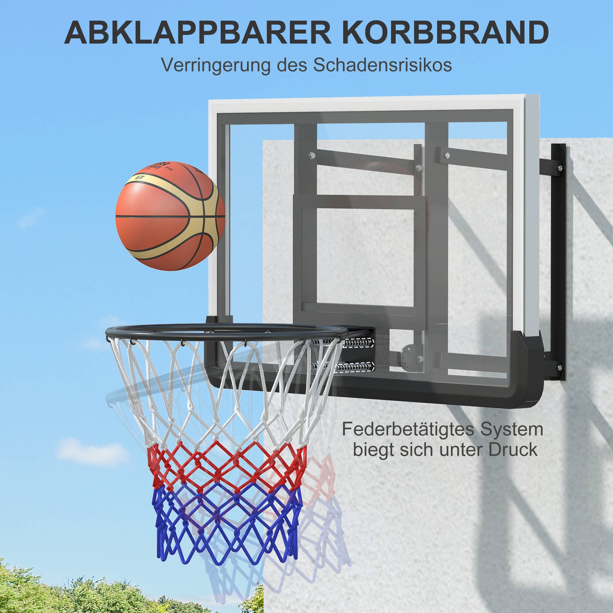 ComfortXL - Panier de basket mural acier et plastique noir 110 x 70 cm intérieur extérieur hauteur réglable anneau à ressort - Image 5