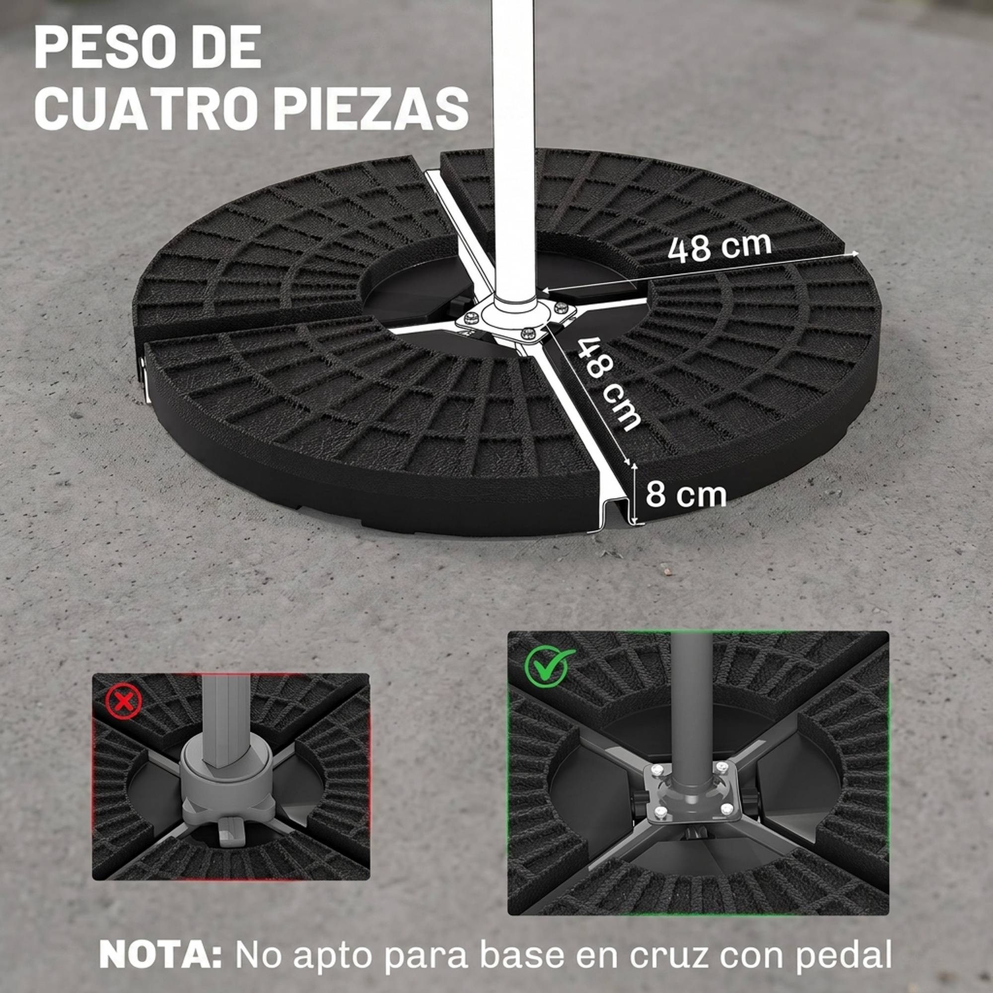 Poids base parasol 4 pieces remplissable eau 52 L sable 60 kg ou mixte 70 kg, base croix, noir - Image 5