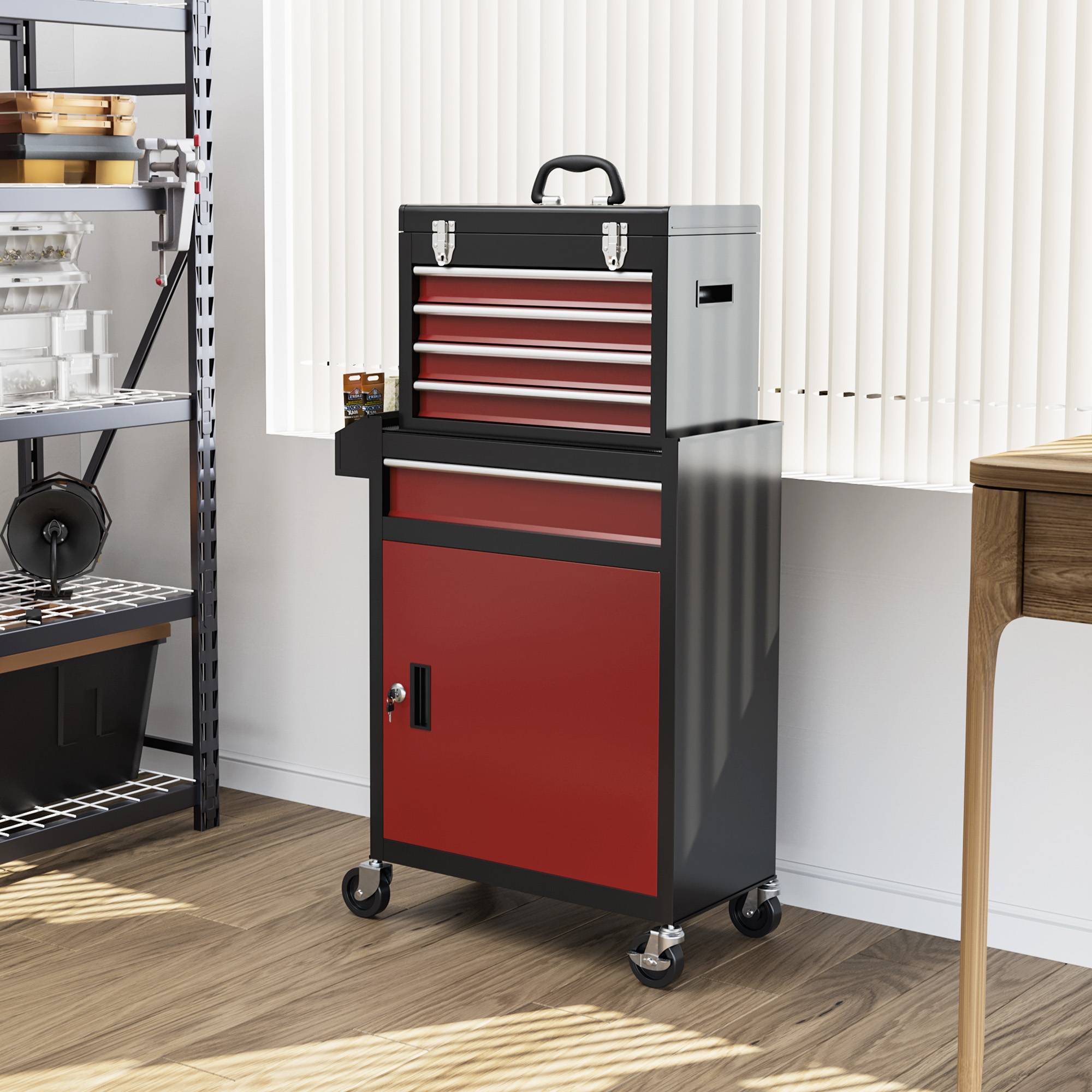 Sans Marque - Armoire roulante, caisse supérieure et tiroirs, verrouillable, métal, noir+rouge - Image 3