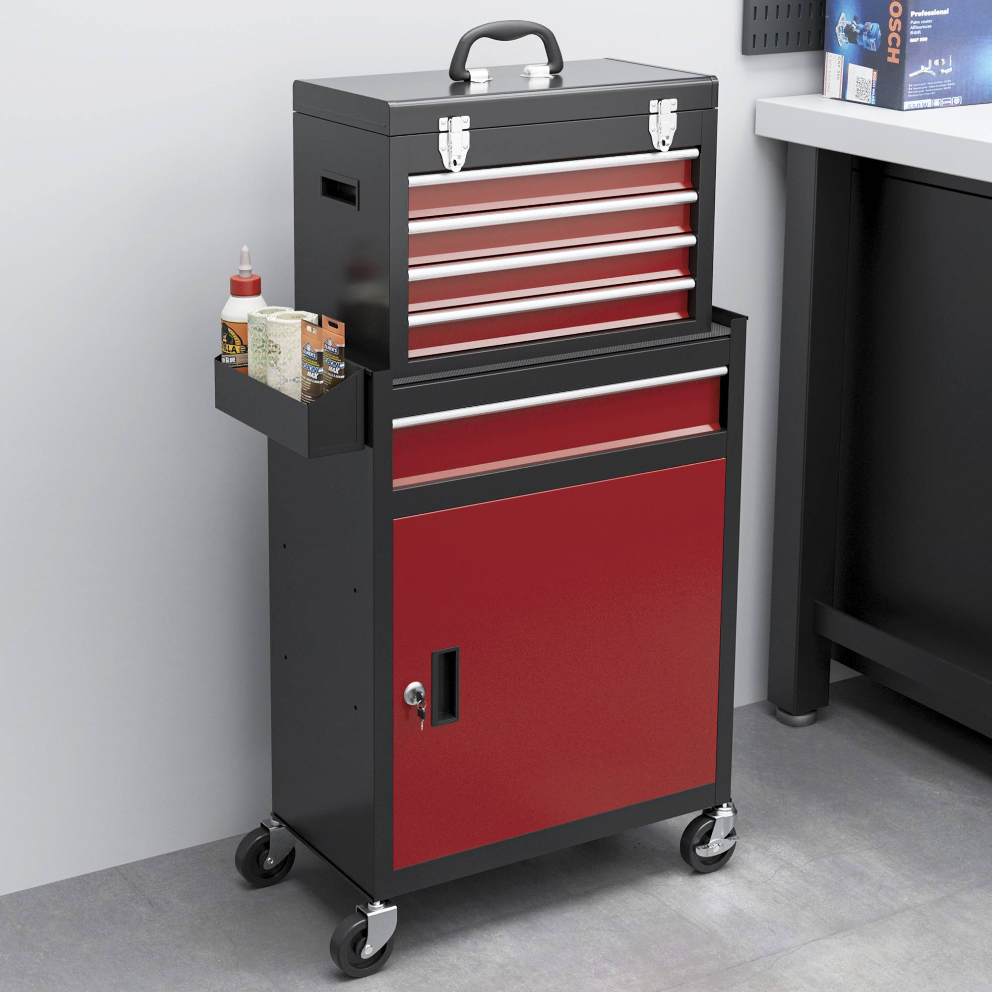 Sans Marque - Armoire roulante, caisse supérieure et tiroirs, verrouillable, métal, noir+rouge - Image 4