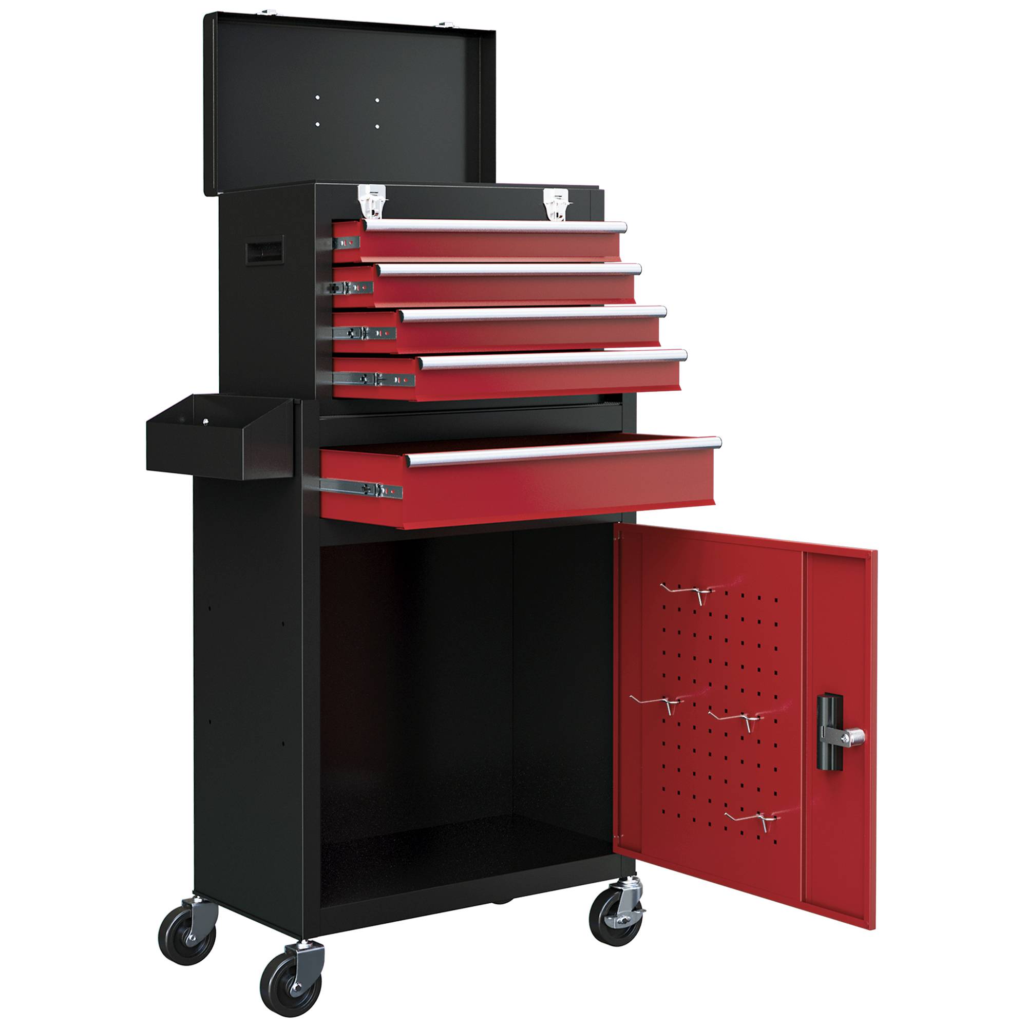Sans Marque - Armoire roulante, caisse supérieure et tiroirs, verrouillable, métal, noir+rouge - Image 2