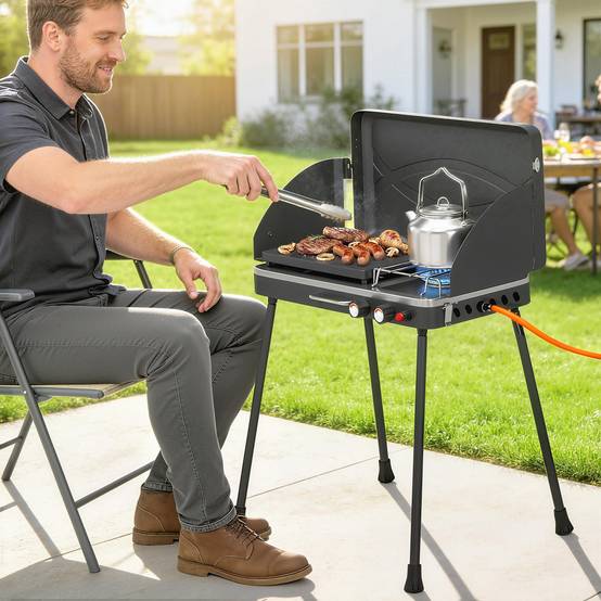 Barbecue portable 2 en 1 au propane avec grill et réchaud, 7 kW, noir - Image 3