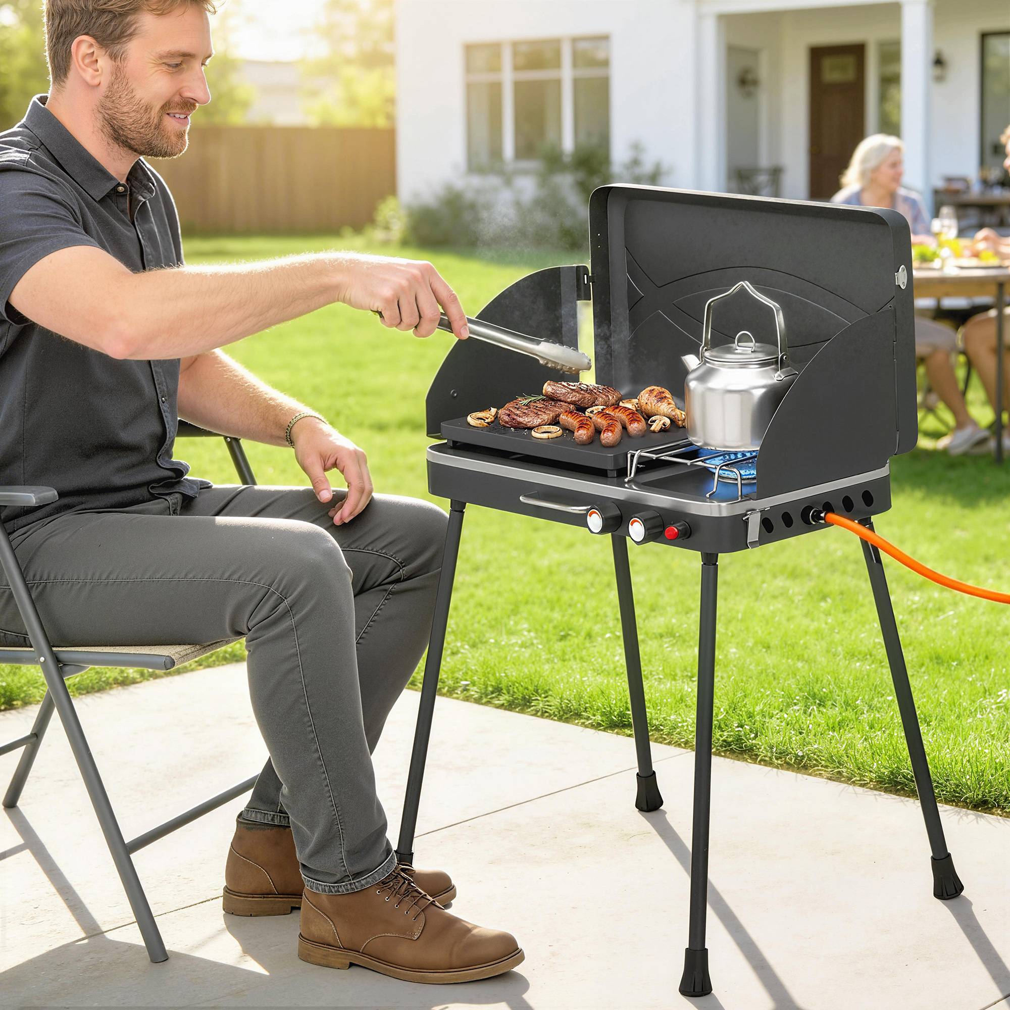 Barbecue portable 2 en 1 au propane avec grill et réchaud, 7 kW, noir - Image 3