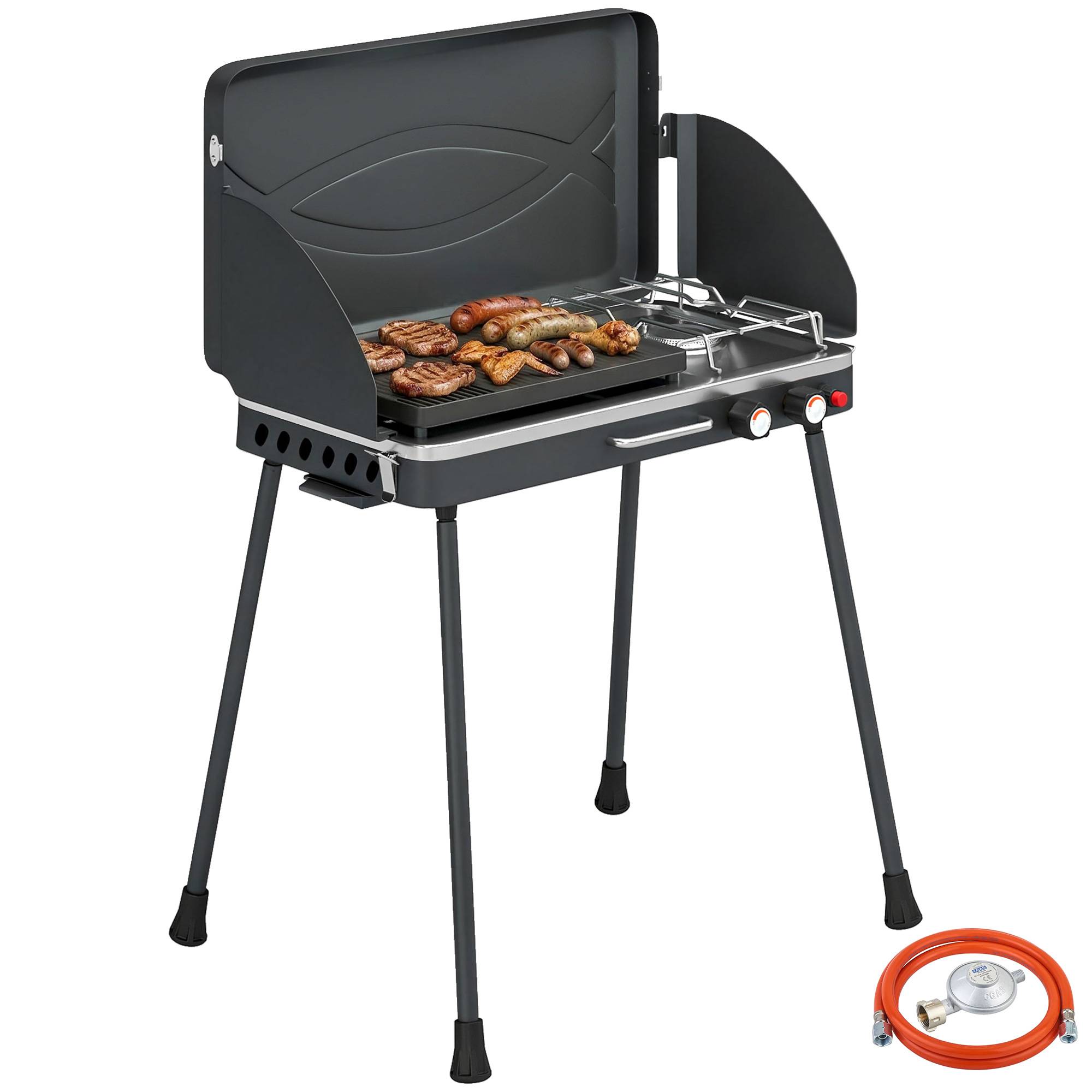 Barbecue portable 2 en 1 au propane avec grill et réchaud, 7 kW, noir - Image 1