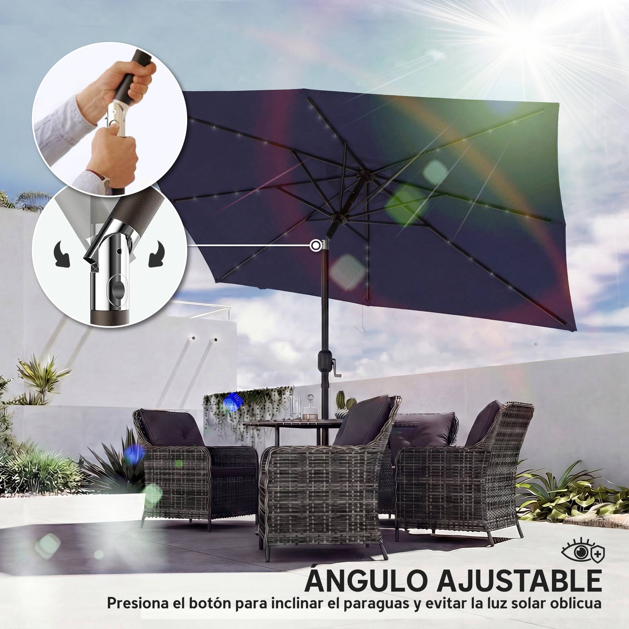 Parasol jardin 24 LED solaires, dais inclinable, mat metal 2,9x2,5 m, bleu fonce - Image 10